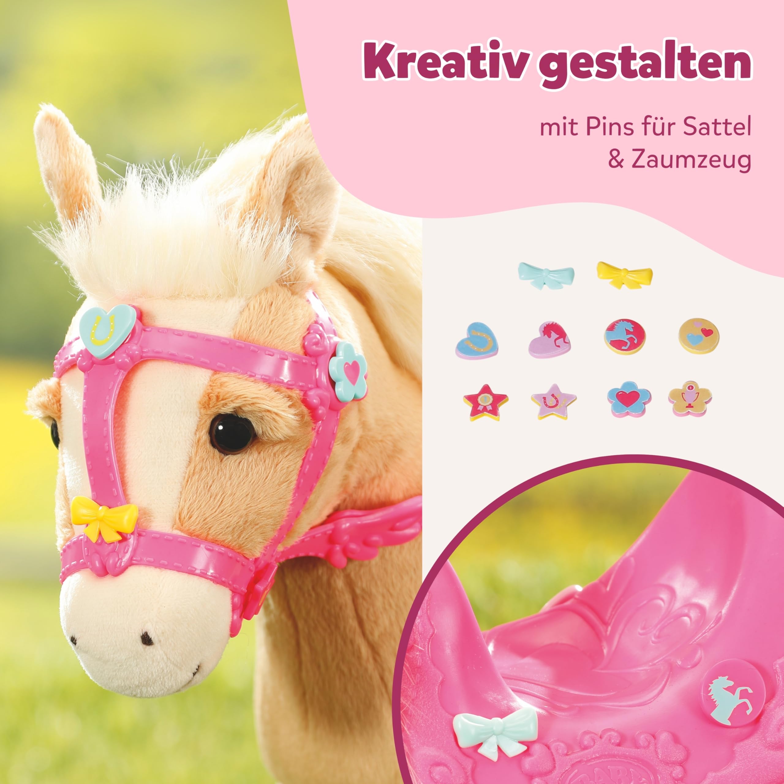 BABY Born, Puppenpferd, My Cute Horse, interaktives Pferd mit Lauf- und Soundfunktion, Plüsch, rosa Sattel und Zaumzeug sowie Pins zum Dekorieren, 840627 Zapf Creation
