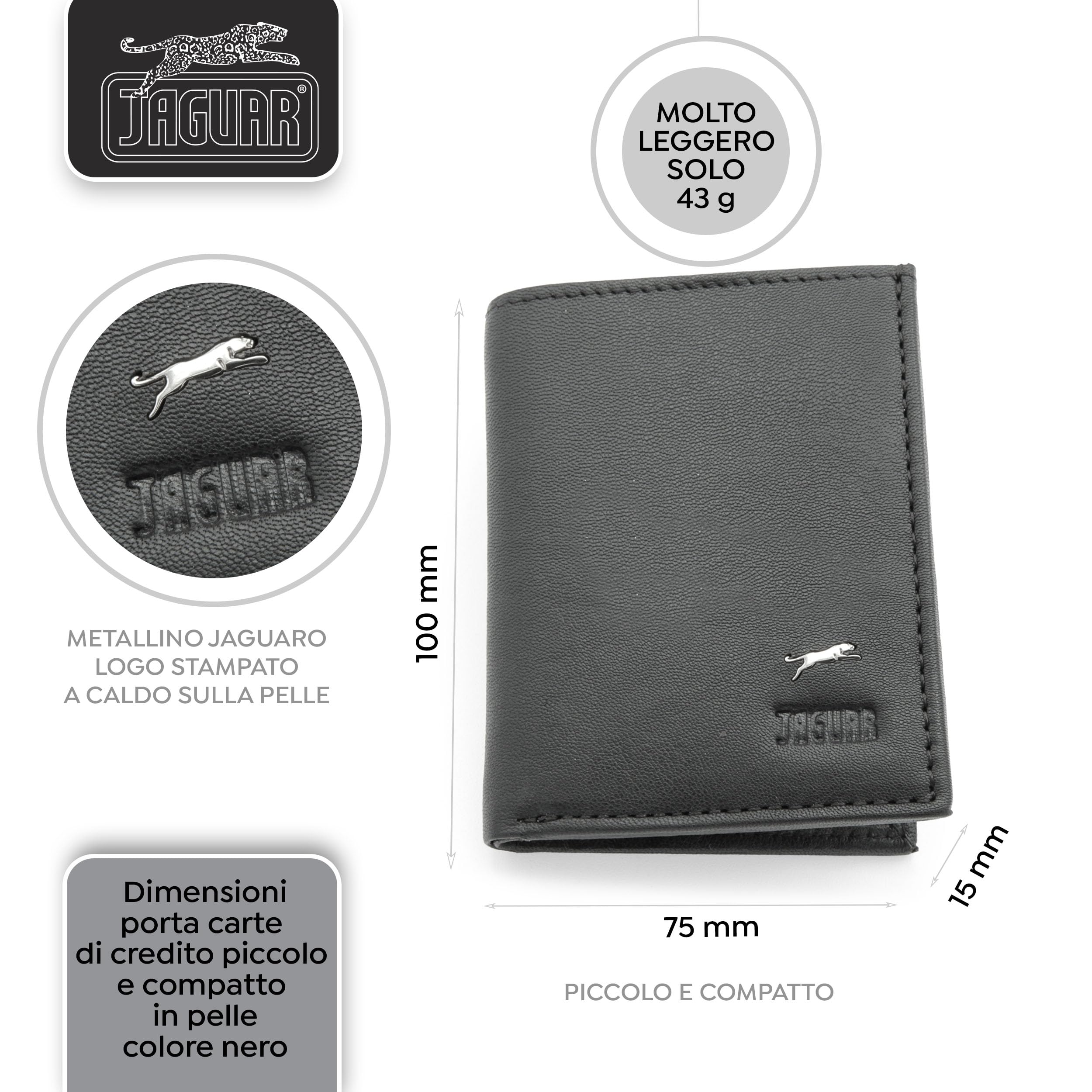 JAGUAR Porta Carte di Credito Uomo in Pelle con Protezione RFID e Logo Distintivo, Portacarte Uomo Portadocumenti Leggero e Comodo, Idea Regalo per Compleanno, Occasioni Speciali (Nero)