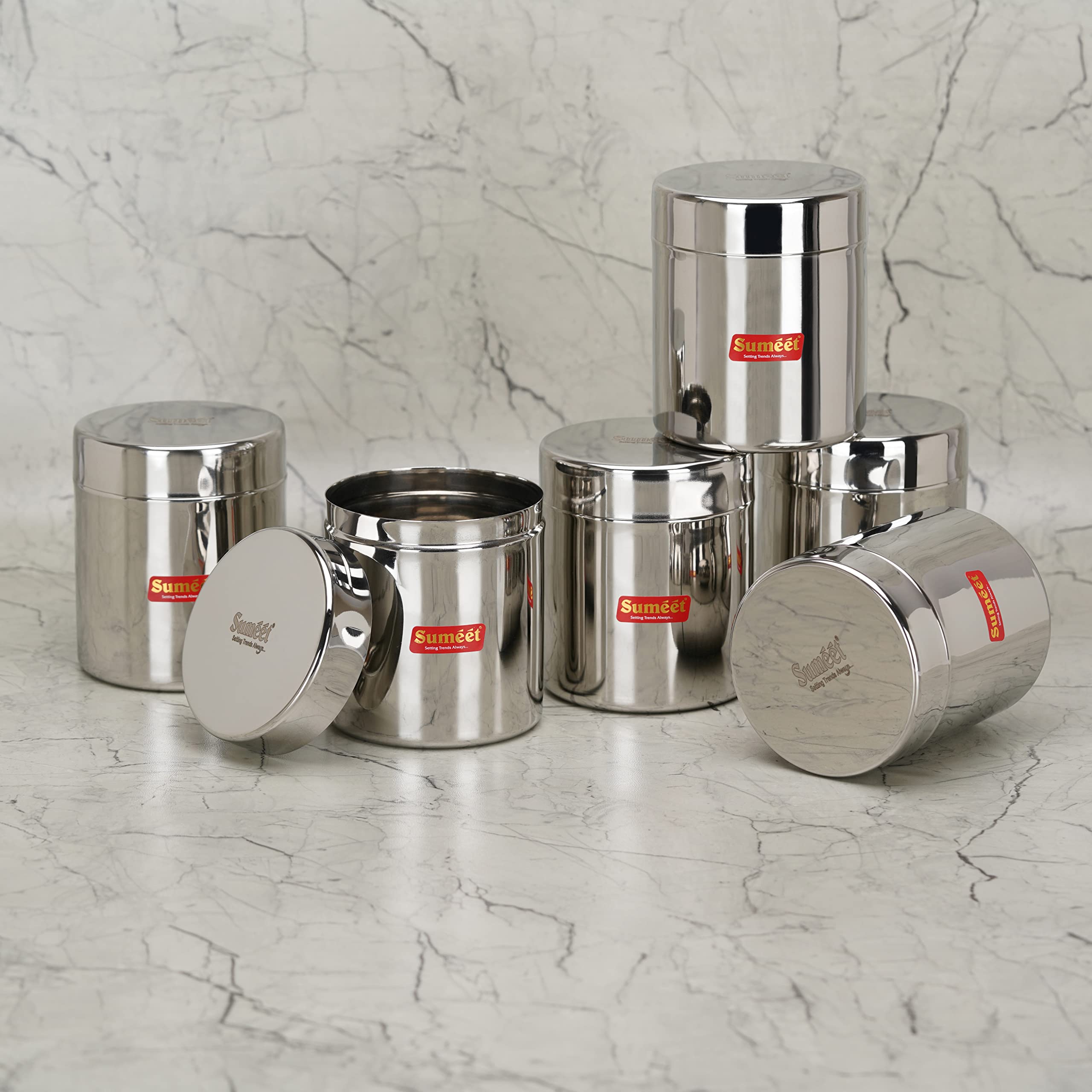 Sumeet Kleine Edelstahldosen/Gläser/Ubha Dabba/Vorratsdosen-Set mit 6 Stück, je 350 ml Fassungsvermögen, 7,5 cm Durchmesser, Silber