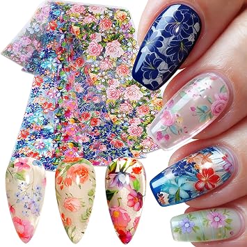 10 Sheets Spring Flower Nail Foil Transfer Stickers Rose Flowers Butterfly Nail Foils Transfer Nail Art Colorful Floral Nail Art Foil Decals Summer Nail Salon Supplies for Women DIY Manicure Decor
