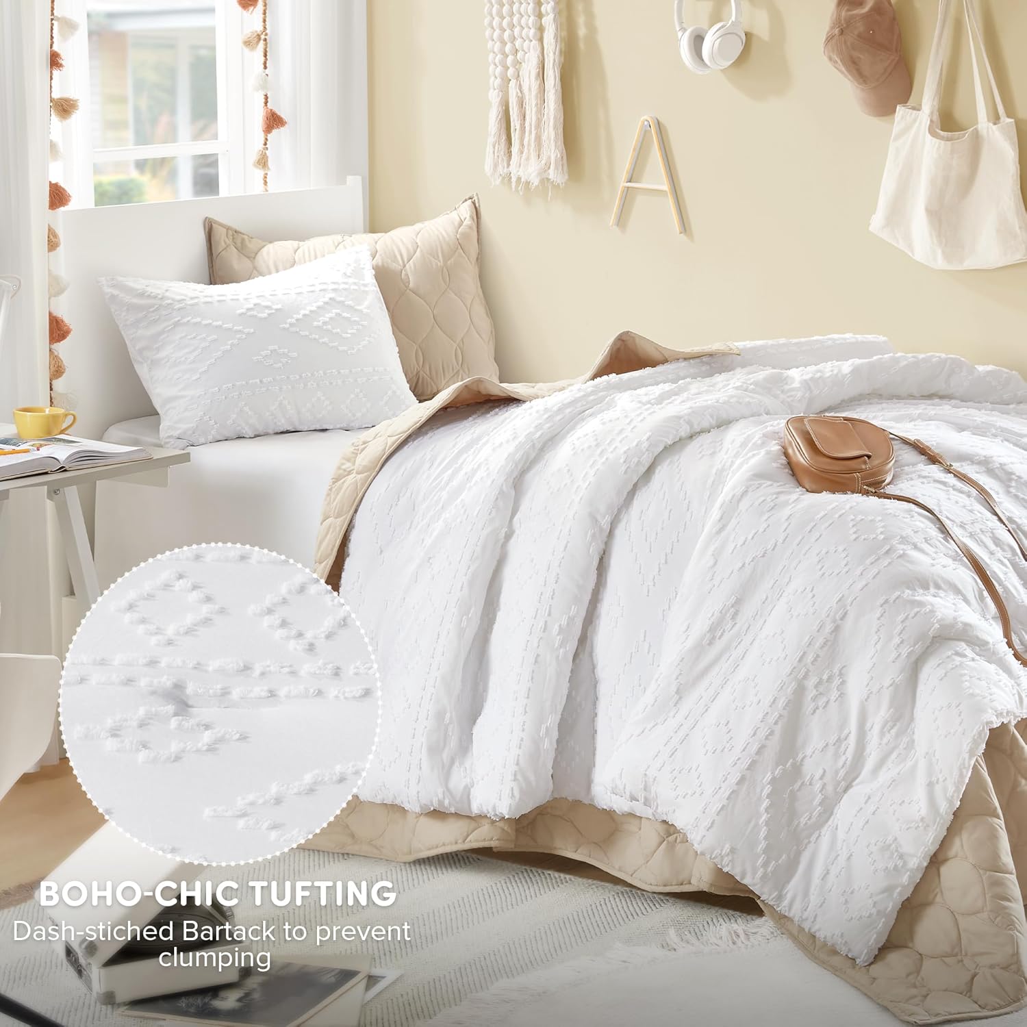 Comfort Spaces Twin/Twin XL Comforter Set for College Tufted Boho Dorm Comforter Set Twin XL Size, All Season Lightweight Bedding Set Soft, Matching Sham White 2 Piece