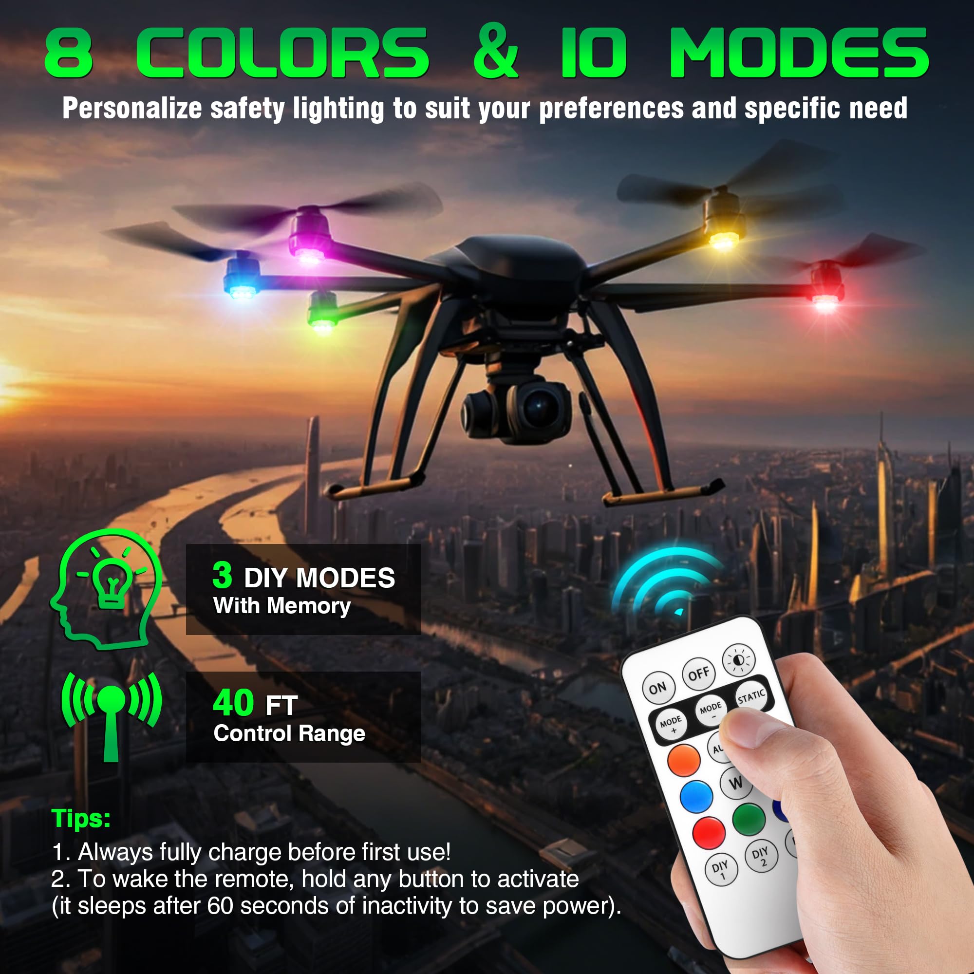 Anti Collision Lights Wireless LED Strobe Lights With Remote - 8 Colors Rechargeable Emergency Lights For Cars & Drones Car Emergency Warning Lights