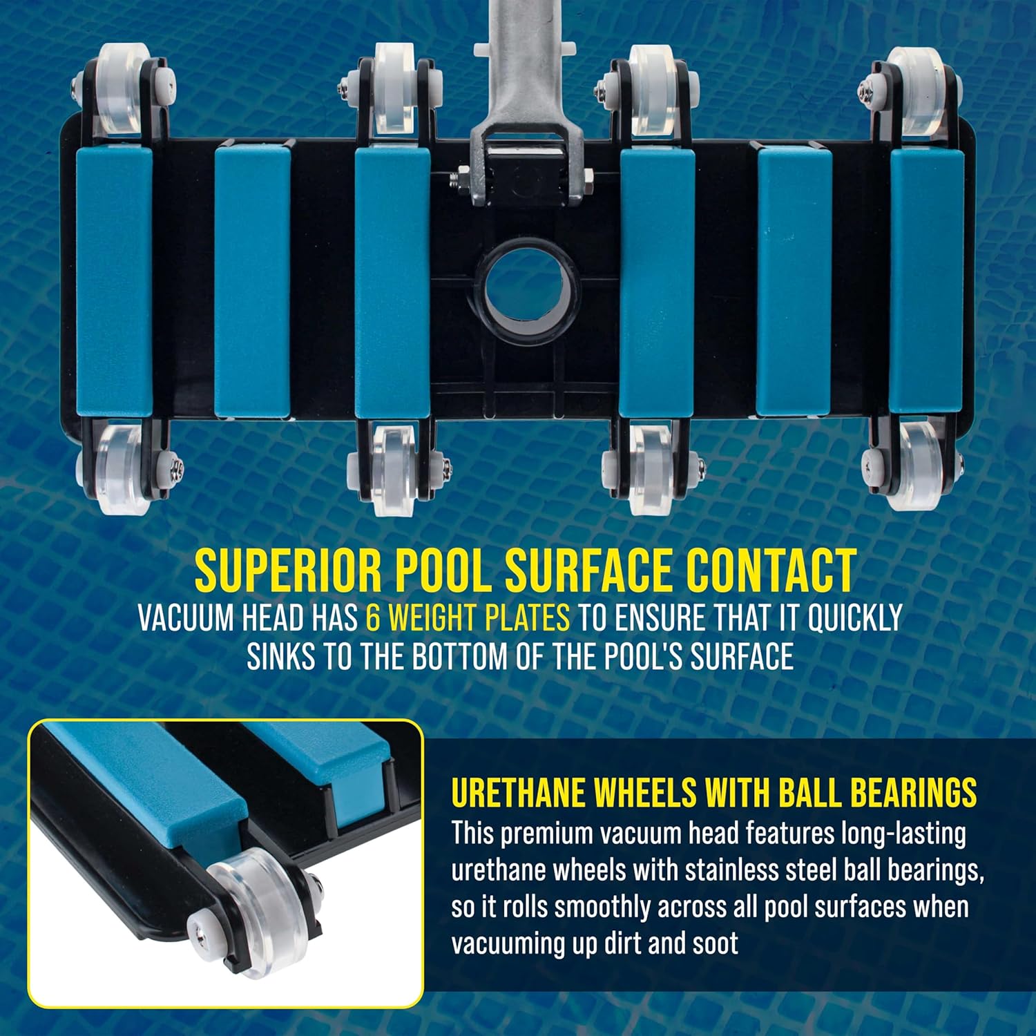U.S. Pool Supply Manual Pool Vacuum Head for Inground Pools, Flexible, Extra-Wide, Weighted - 6 Weights, Blue, Connect 1.5" Hose, Metal Pole Handle - Swimming Cleaning Accessory Attachment, Vac