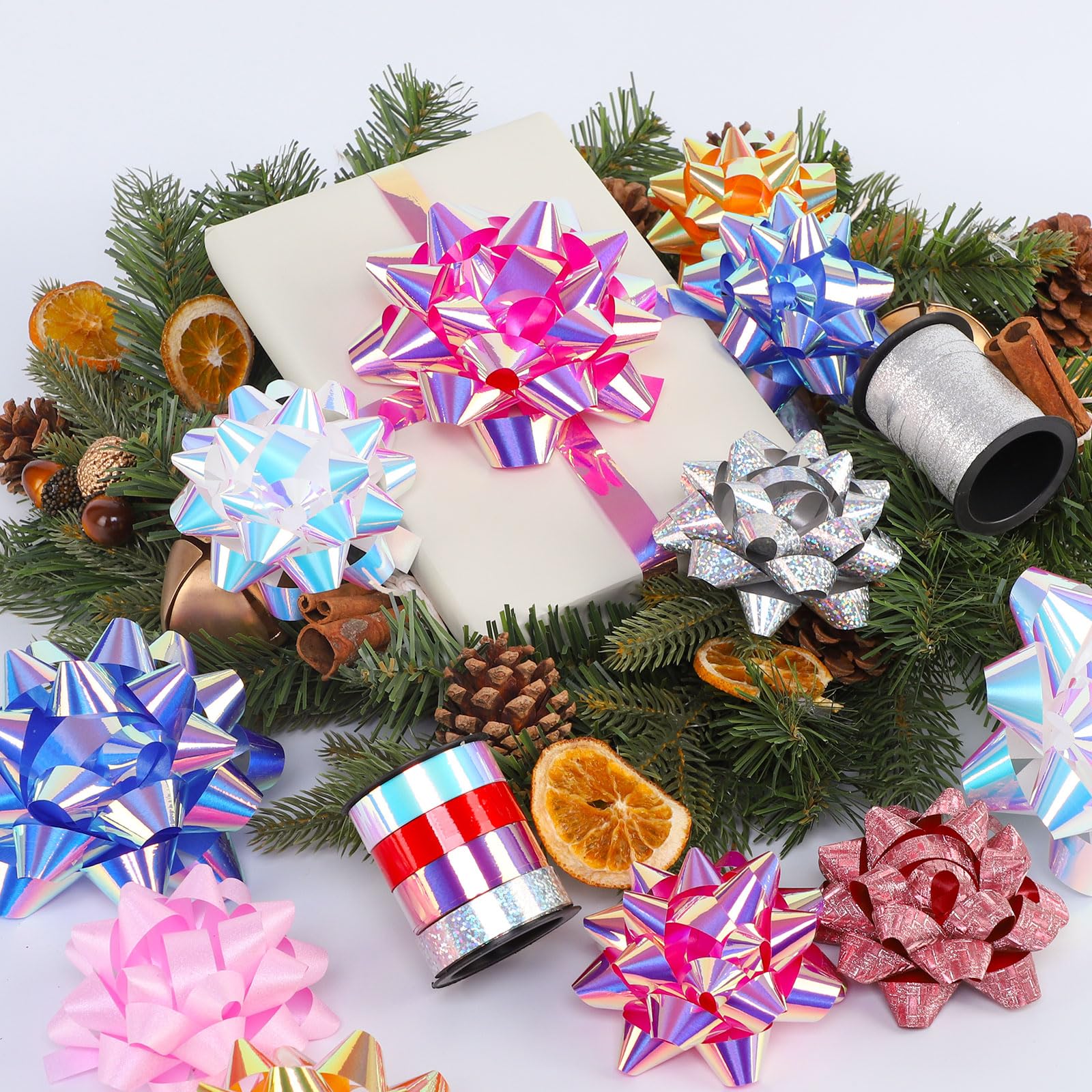 Surtido de 14 lazos de regalo – 12 lazos de regalo multicolor de varios tamaños y 2 cintas rizadas, perfectas para Navidad, vacaciones, cumpleaños, bodas, baby showers, despedidas de soltera, fiestas