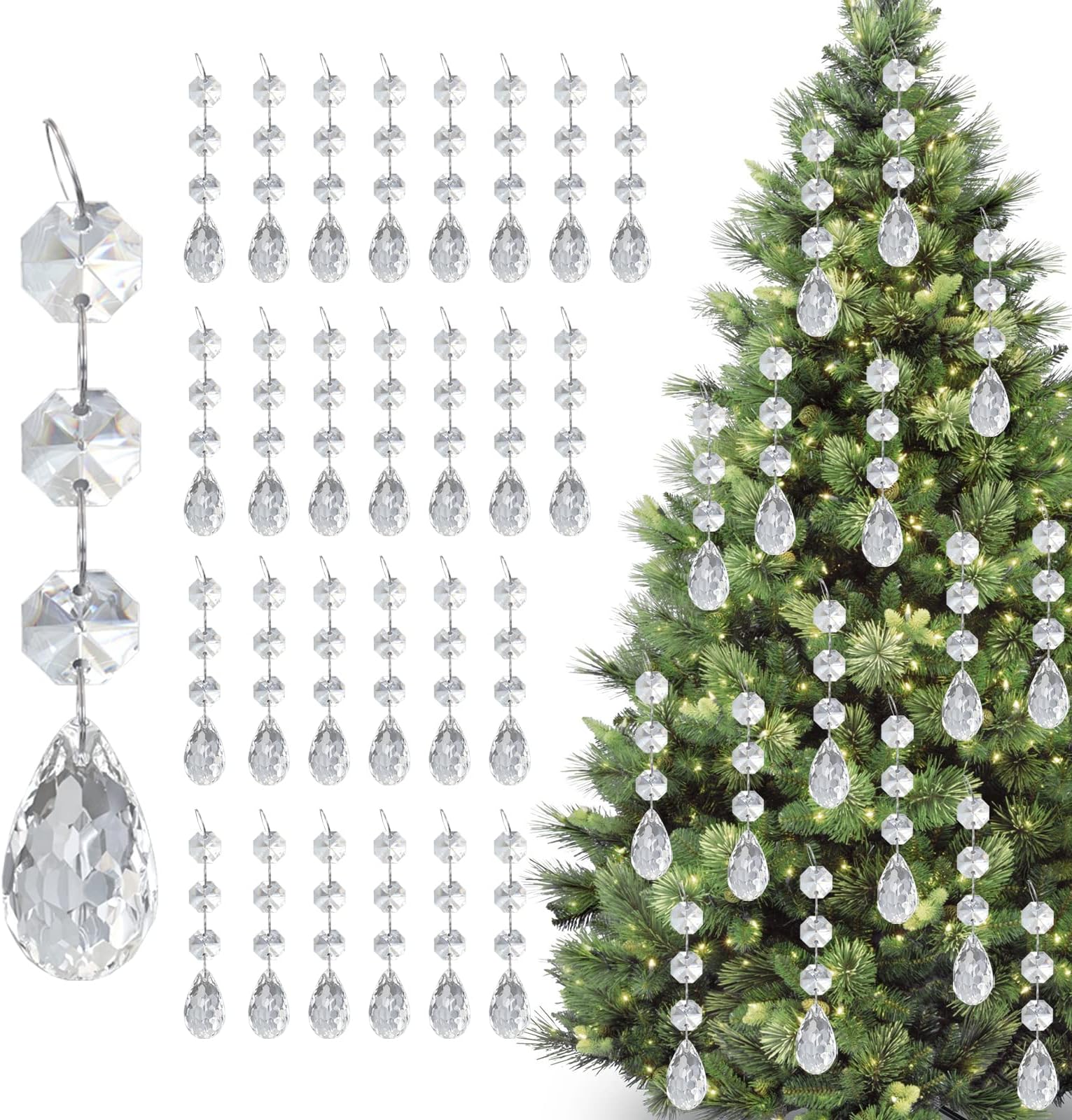 30Pcs Christmas Tree Ornaments Acrylic Crystal Pendant, Chandelier Crystals Parts Teardrop, Curtain Clear Droplet Prism Hanging Decorations for Xmas Wedding Festival Home Party, Drop shape