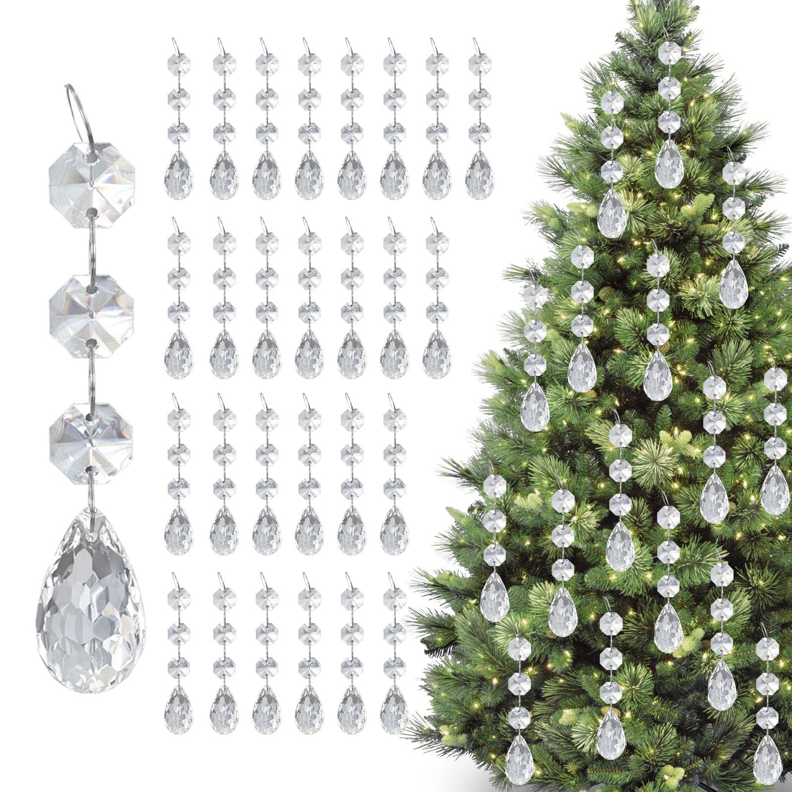 30Pcs Christmas Tree Ornaments Acrylic Crystal Pendant, Chandelier Crystals Parts Teardrop, Curtain Clear Droplet Prism Hanging Decorations for Xmas Wedding Festival Home Party, Drop shape