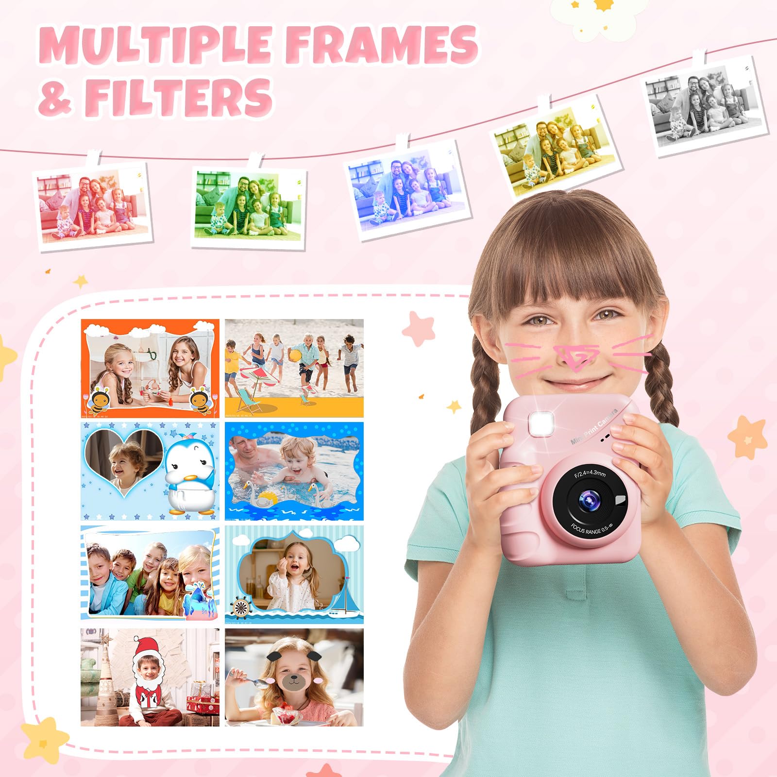 CalineGam Macchina Fotografica Bambini Istantanea, 3,0'' Schermo HD 48MP Fotocamera Digitale Bambini con Scheda da 32GB, Camera Giocattolo Regalo per Ragazzi e Ragazze dai 3 ai 12 Anni (Rosa)
