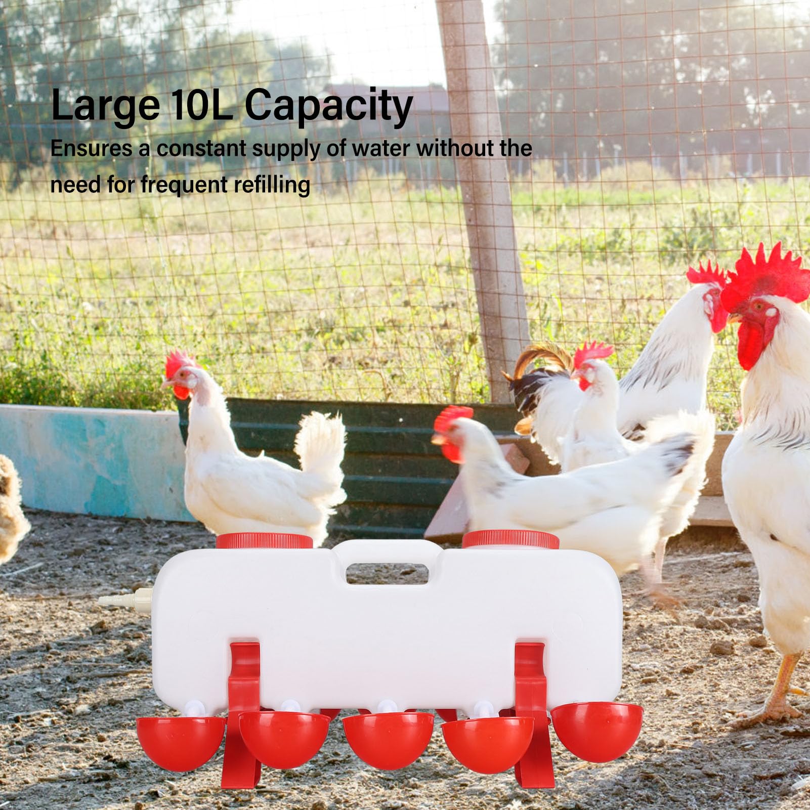 Bebedero para pollos, alimentador de agua para aves de corral con llenado superior de gran capacidad de 10 litros con 10 tazas de agua para pato, ganso, para granja avícola, uso (Full Automatic)