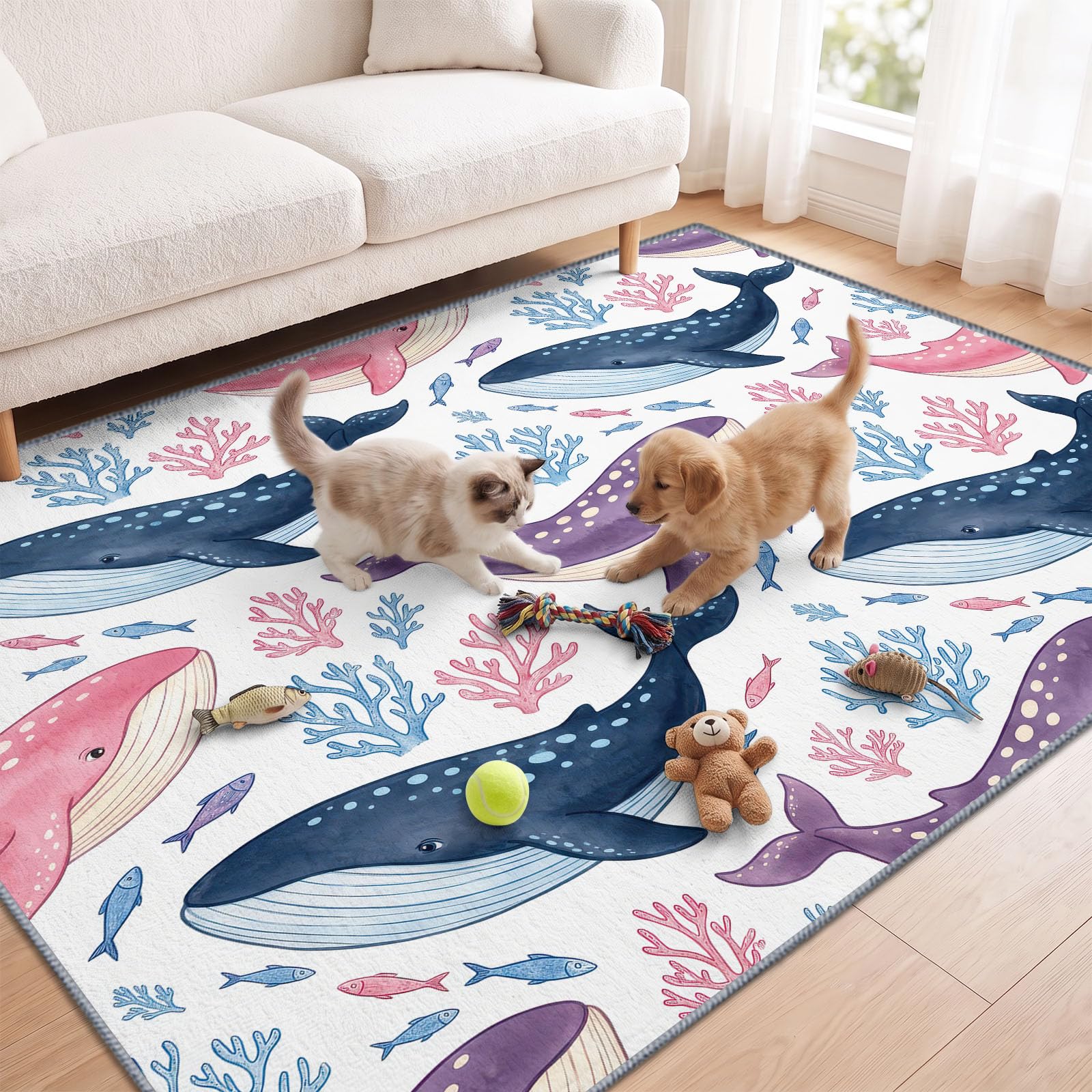 Générique Lavable en Machine Tapis Salon 80x156 cm, Baleine Corail Antidérapant à Poil Ras Tapis, Ludique Dessin Animé Écologique pour Salle à Manger Couloir Chambre Bureau