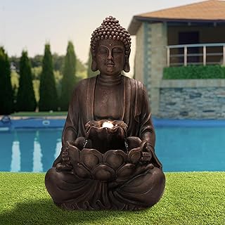 Glitzhome Buddha Fountain with Pump & LED Light, 2 Tier Zen Style Medita...