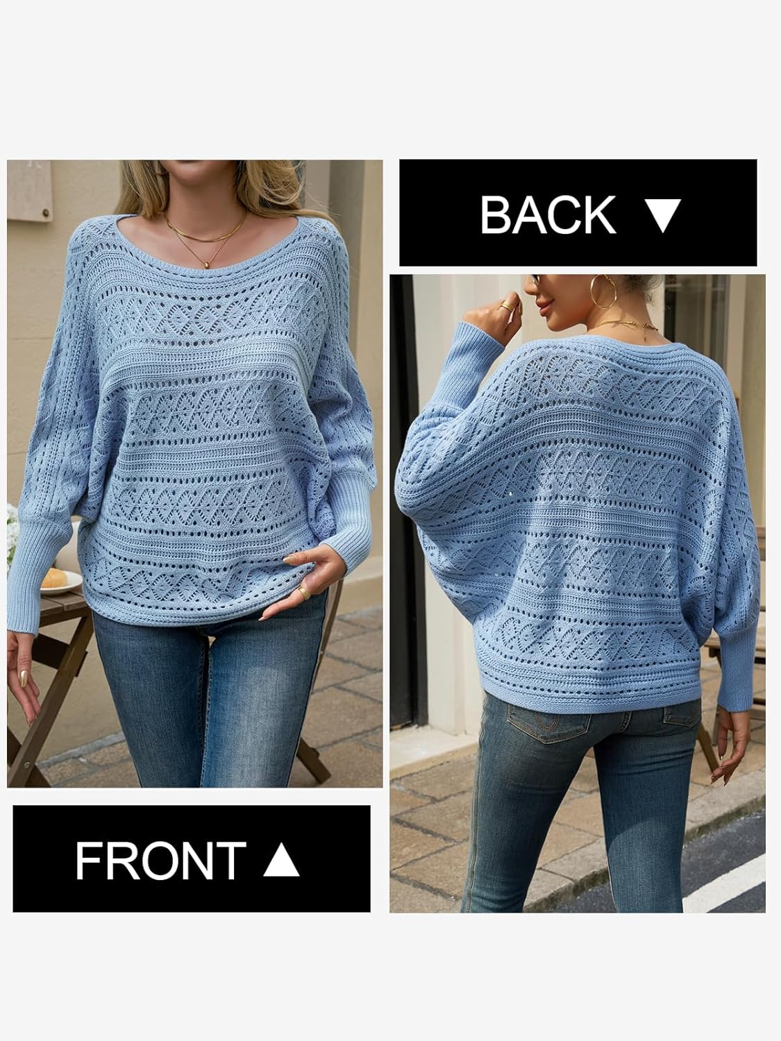 Womens Blue Off The Shoulder Top, Long Sleeve Crewneck Hollow Sweaters, Knit Bow Fall Fashion Outfits 2025 - Image 4