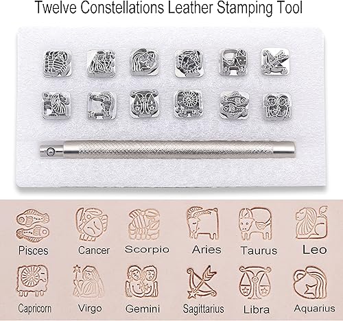 Miniatura 8 de Meagtlva Herramientas de sellos de cuero, 12 piezas de estampado de animales y plantas, juego de herramientas de sello de aleación de zinc con
