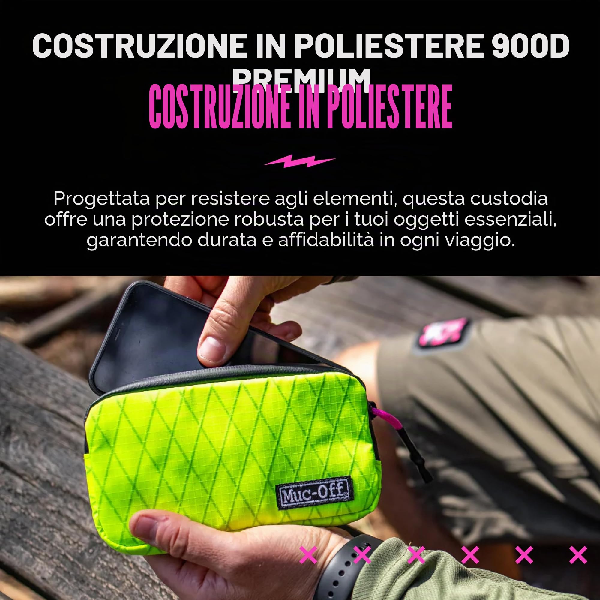 Muc-Off Rainproof Essentials Case - Borsa Bici Neon in Poliestere 900D Idrorepellente - Borsa Porta Attrezzi per Bici Ideale per la Conservazione di Tubi di Ricambio, Leve per Pneumatici e Telefono