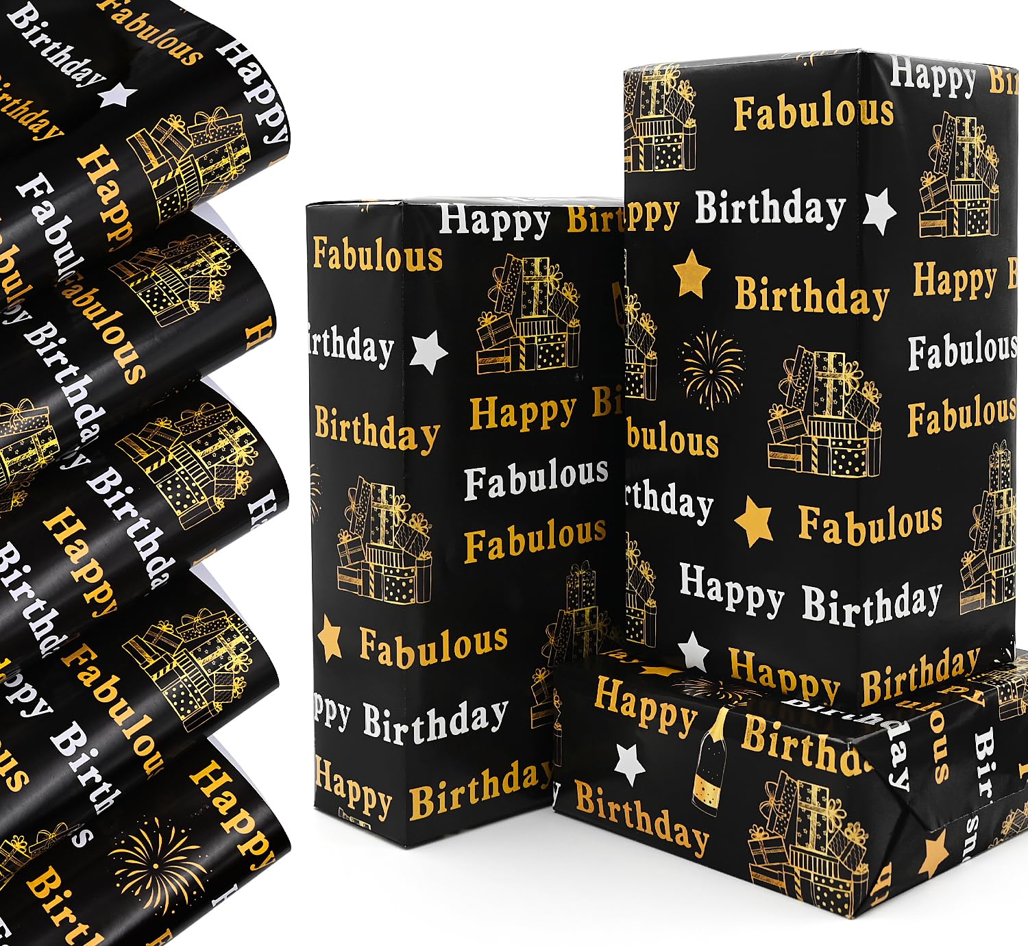 5pcs 50 * 70cm Gold and Black Gift Wrapping Paper Sheets for Birthday,QRTDXP Large Birthday Paper Perfect for Man Woman Present Wrapping