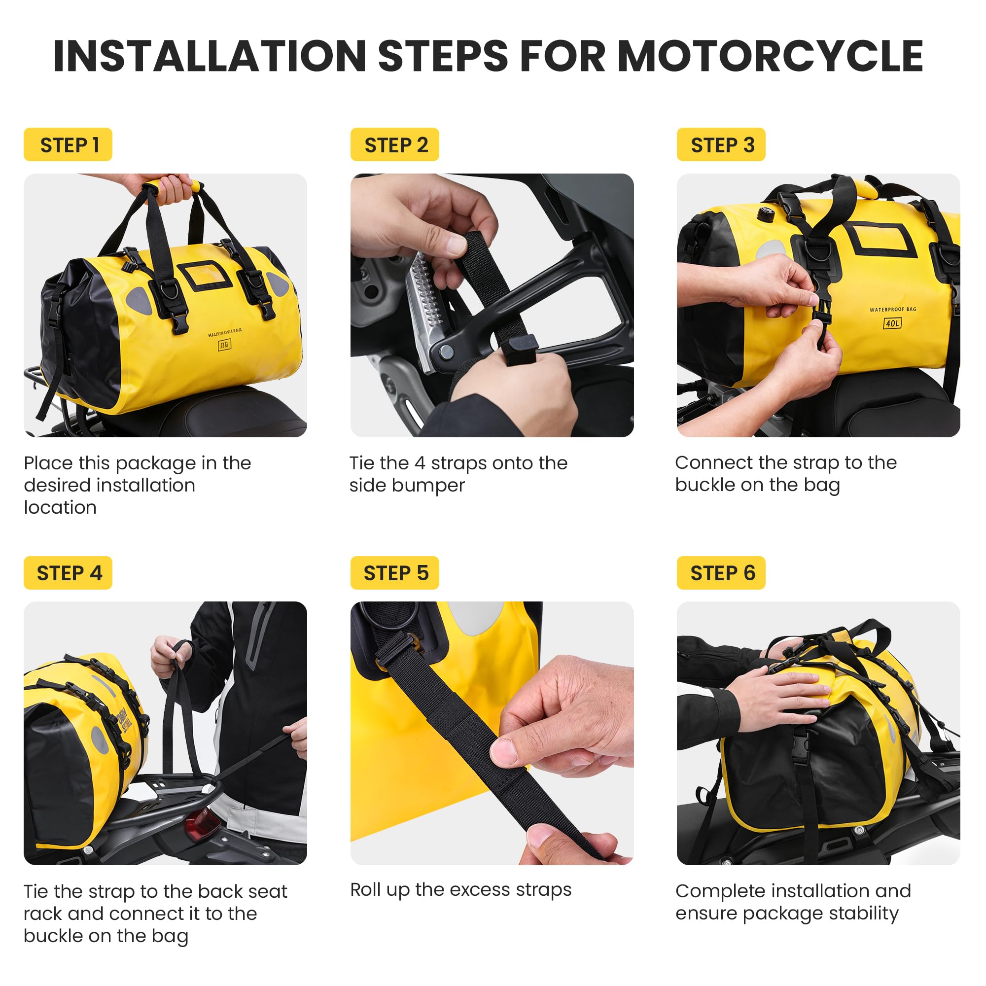 HOMIEE Motorrad Hecktasche 40L wasserdichte Motorradtasche Gepäckrolle Große Hecktasche mit Schnellverschlussgurten für Touring Camping Motorradfahren Radfahren Wassersport (Gelb)