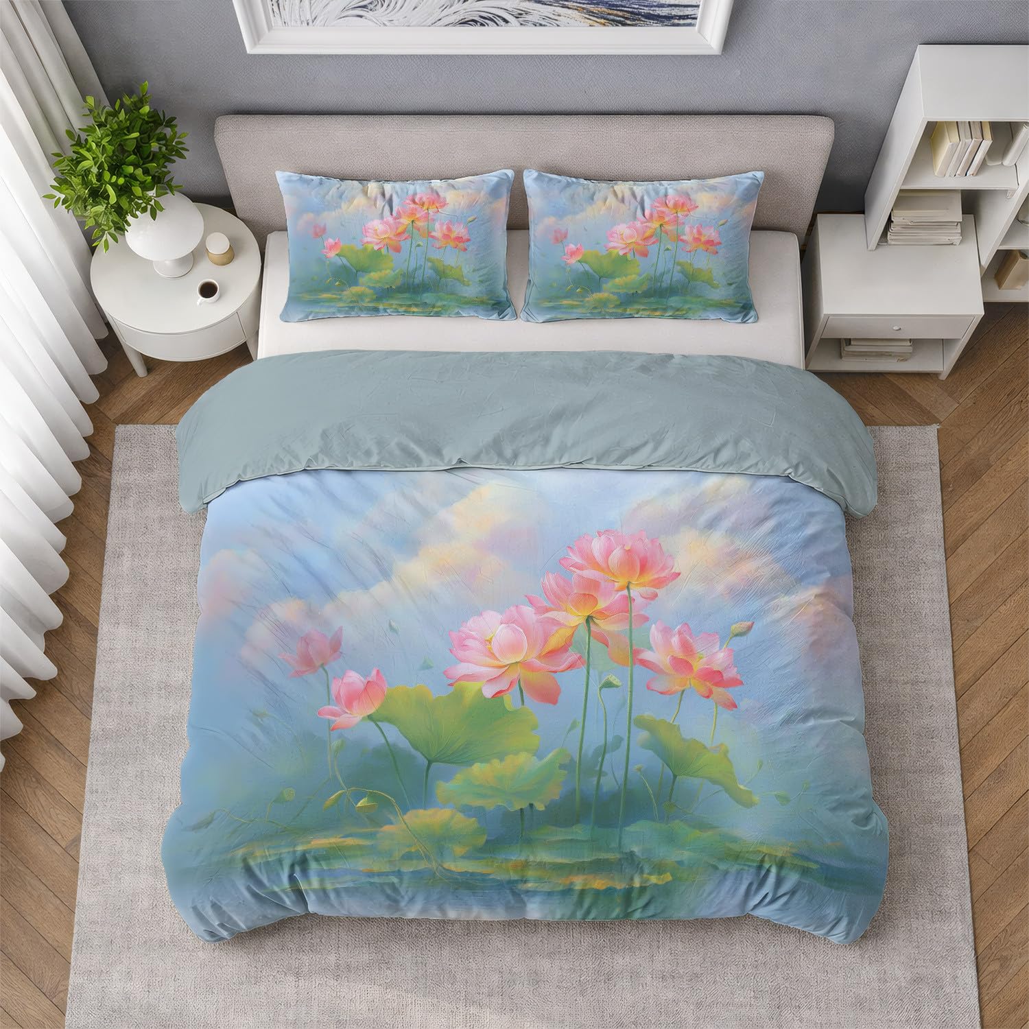 Generisch Pościel 155 x 220 cm, dla alergików, na 4 pory roku, miękka i nie wymaga prasowania, zestaw pościeli z motywem kwiatów, różowy lotos, elegancki wzór