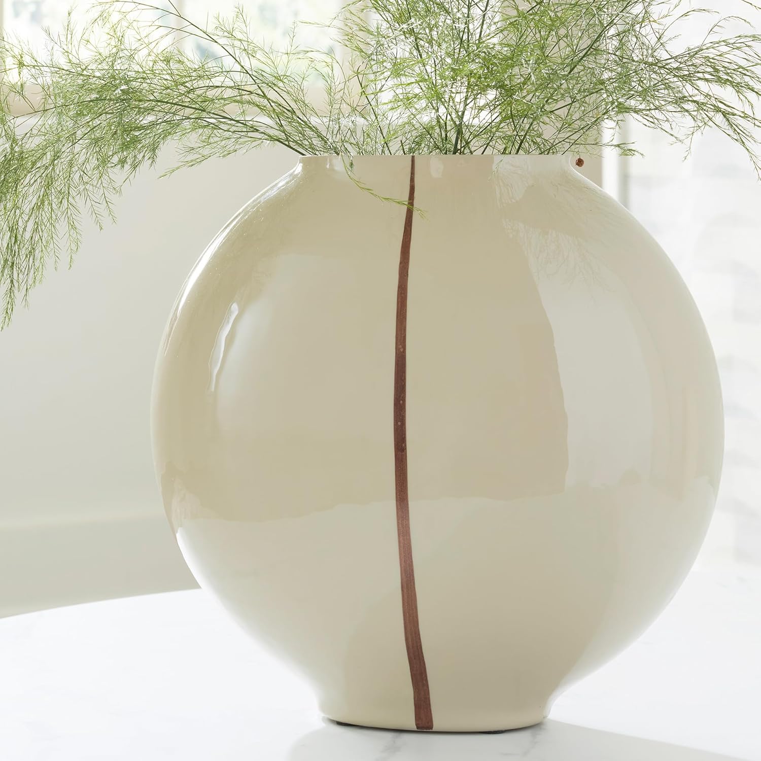 Signature Design by Ashley Sheabourne Contemporary Indoor 13" Hand Painted Enameled Glass Tabletop Vase with Wide Mouth, Beige & Dark Brown