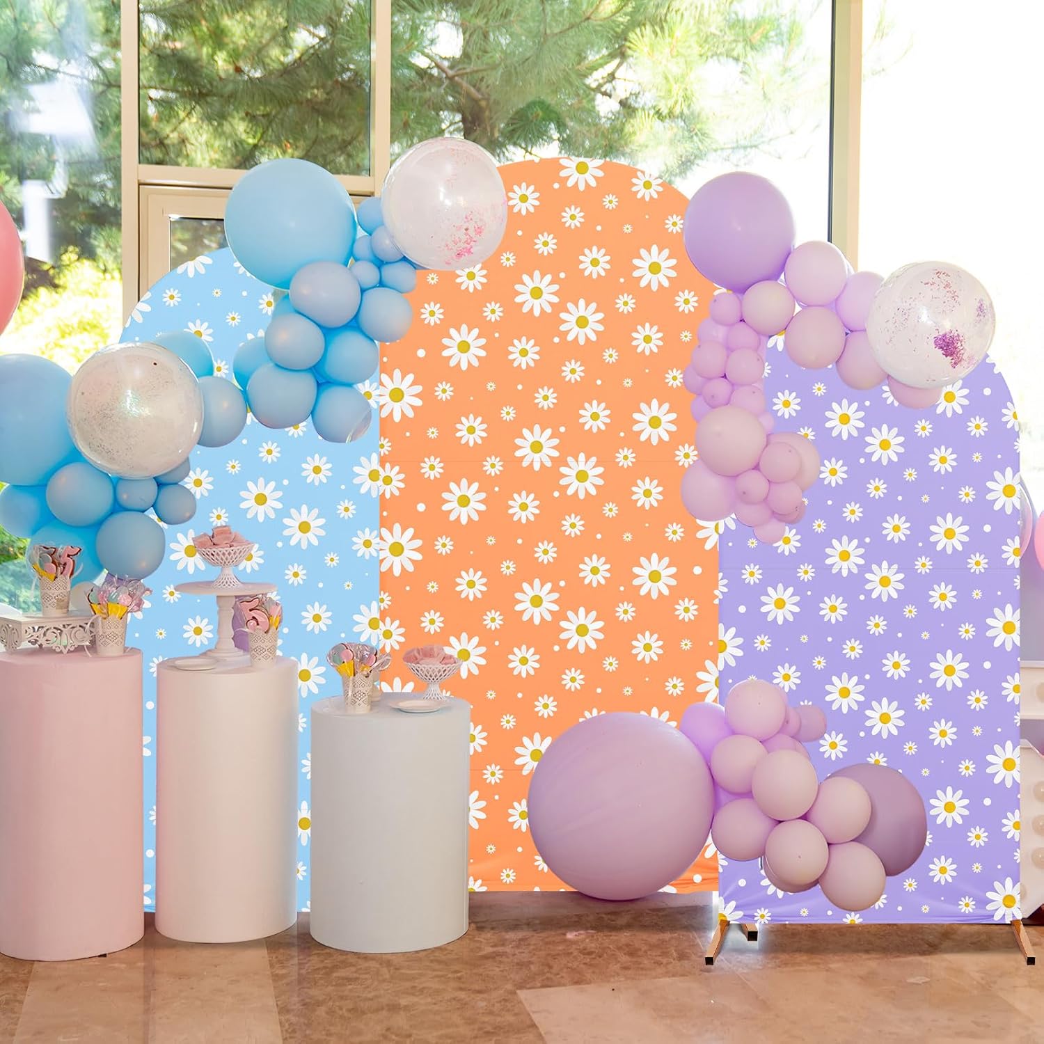 Daisy Theme Arch Backdrop Cover Set of 3 Orange Arch Covers Blue Spandex Stretch Purple Backdrop Stand 4ft, 5ft, 6ft for Wedding Birthday Banquet Ceremony Decoration