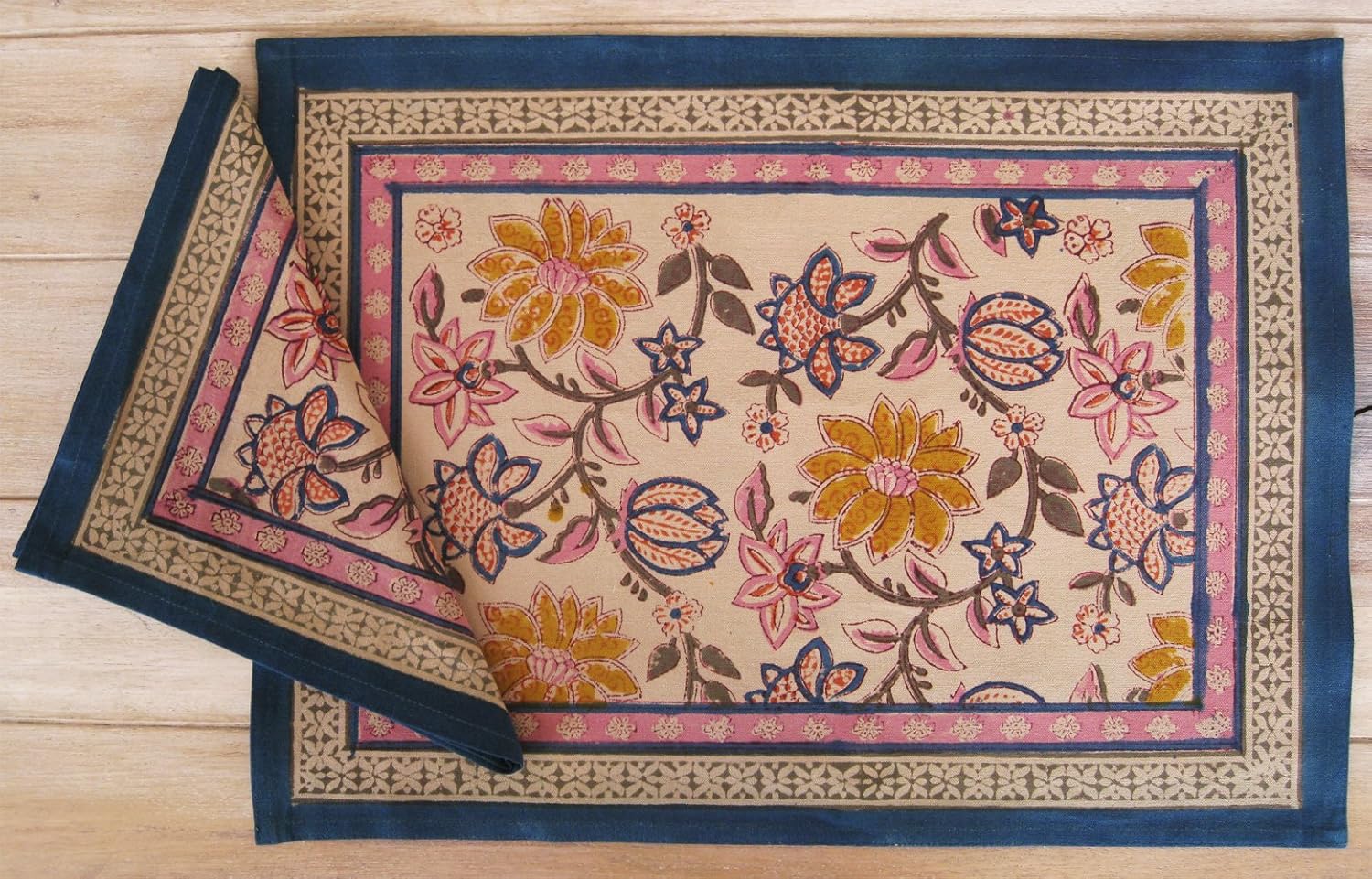 Anokhi teal floral place mats & napkins set of 4 of each