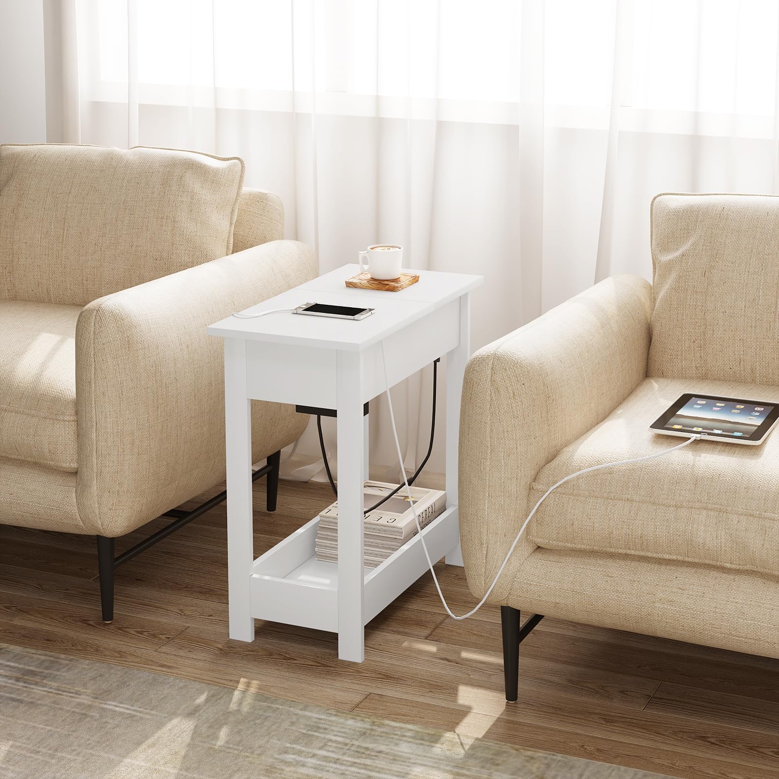 EUGAD Tavolino da Salotto con Stazione di Ricarica, Tavolino a 3 Ripiani, Piano Pieghevole, 2 Porte USB e 2 Prese a 2 Fori, per Camera da Letto, Soggiorno, Cucina, MDF, Bianco
