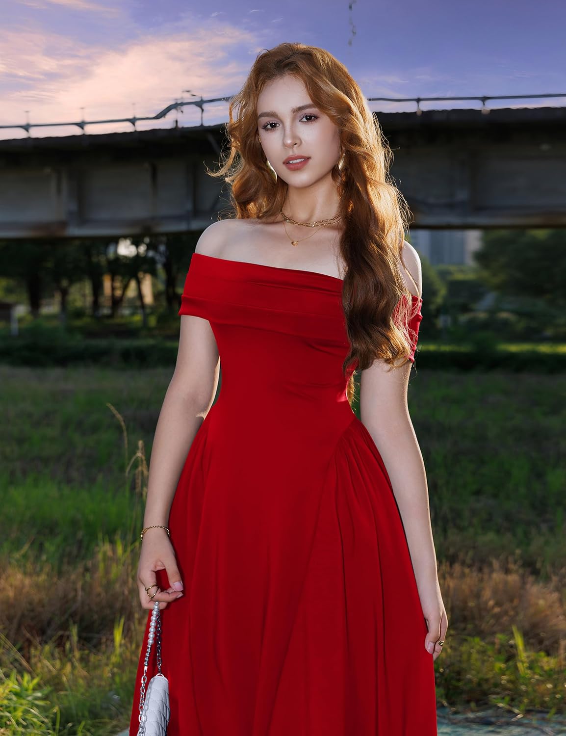 YMDUCH Women's Elegant Off Shoulder Short Sleeve A line Flowy Swing Cocktail Party Long Dress - Image 4