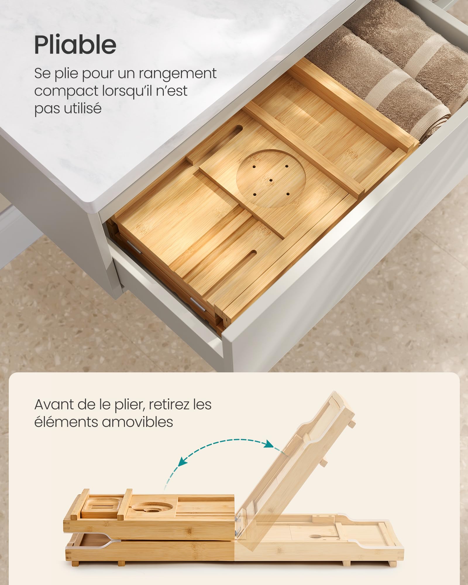 SONGMICS Plateau de Baignoire Extensible en Bambou, Plateau de Bain, Largeur 70 à 95,6 cm, Pliable, Antidérapant, pour Livre, Tablette, Verre de Vin, Serviette, Beige Naturel BCB072N01