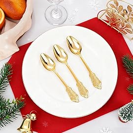 WDF 100 Piece Gold Plastic Spoons Disposable - 6.93 Inch Baroque Gold Spoons Plastic Silverware for Dessert Cake - Heavy Duty for Thanksgiving Party, Wedding or Daily Using