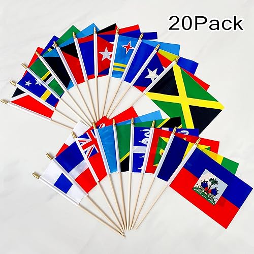 Miniatura 4 de Banderas del Caribe de los 20 países en palo de madera, mini, bandera de mano, 5 x 8 pulgadas, paquete de 20
