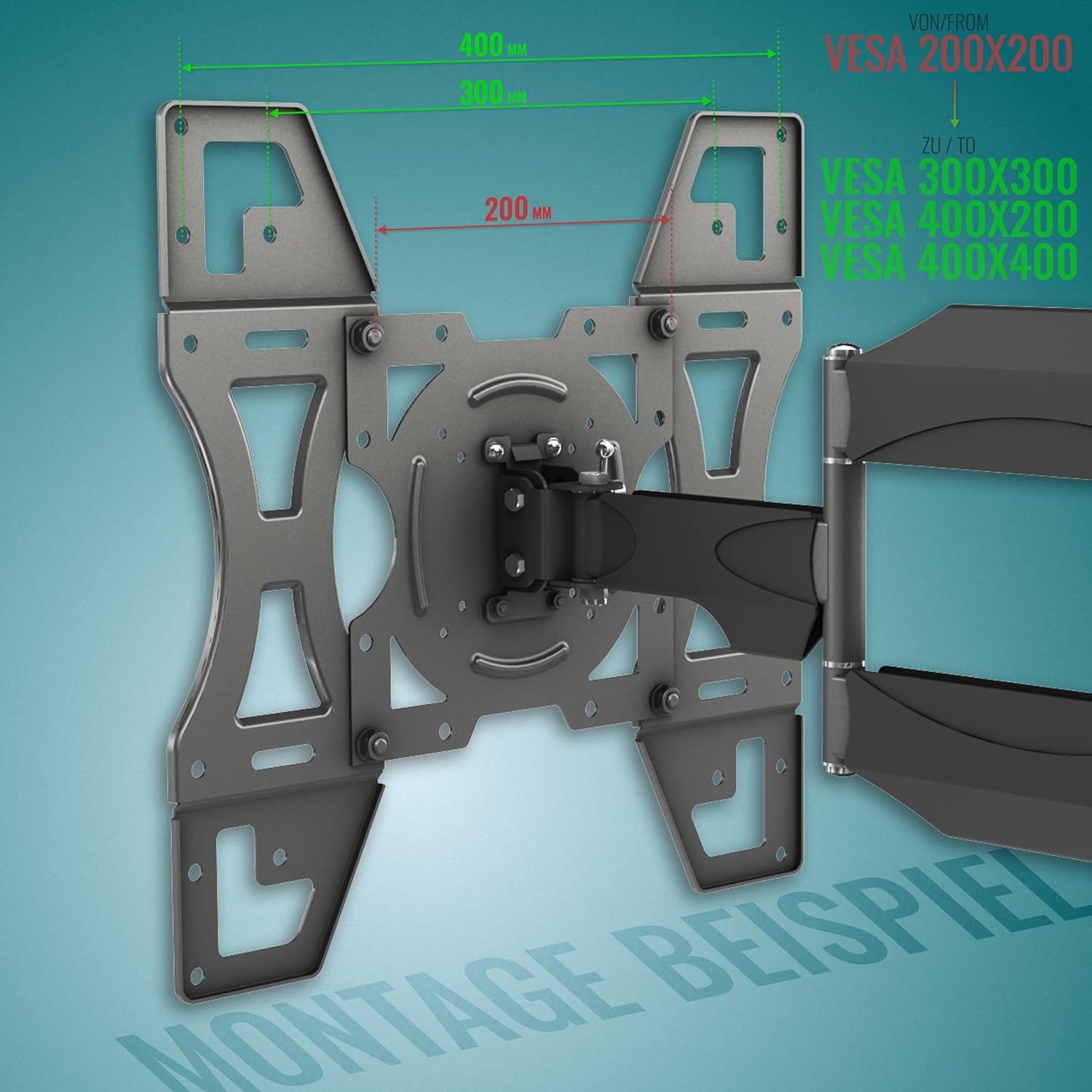 Diagram showing VESA 200x200 extended to 400x400 with a TV mounted