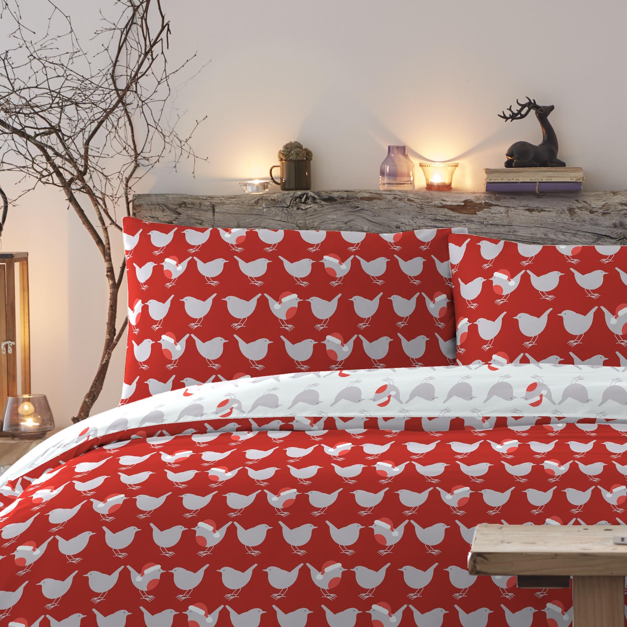 Fusion - Christmas Red Robin Duvet Cover - Double Bedding Size (200 x 200cm) - Reversible (2 Colours) - 2x Pillowcases Included - Red Robin Bird Duvet Cover - Christmas Bedding in Red & White - Image 2