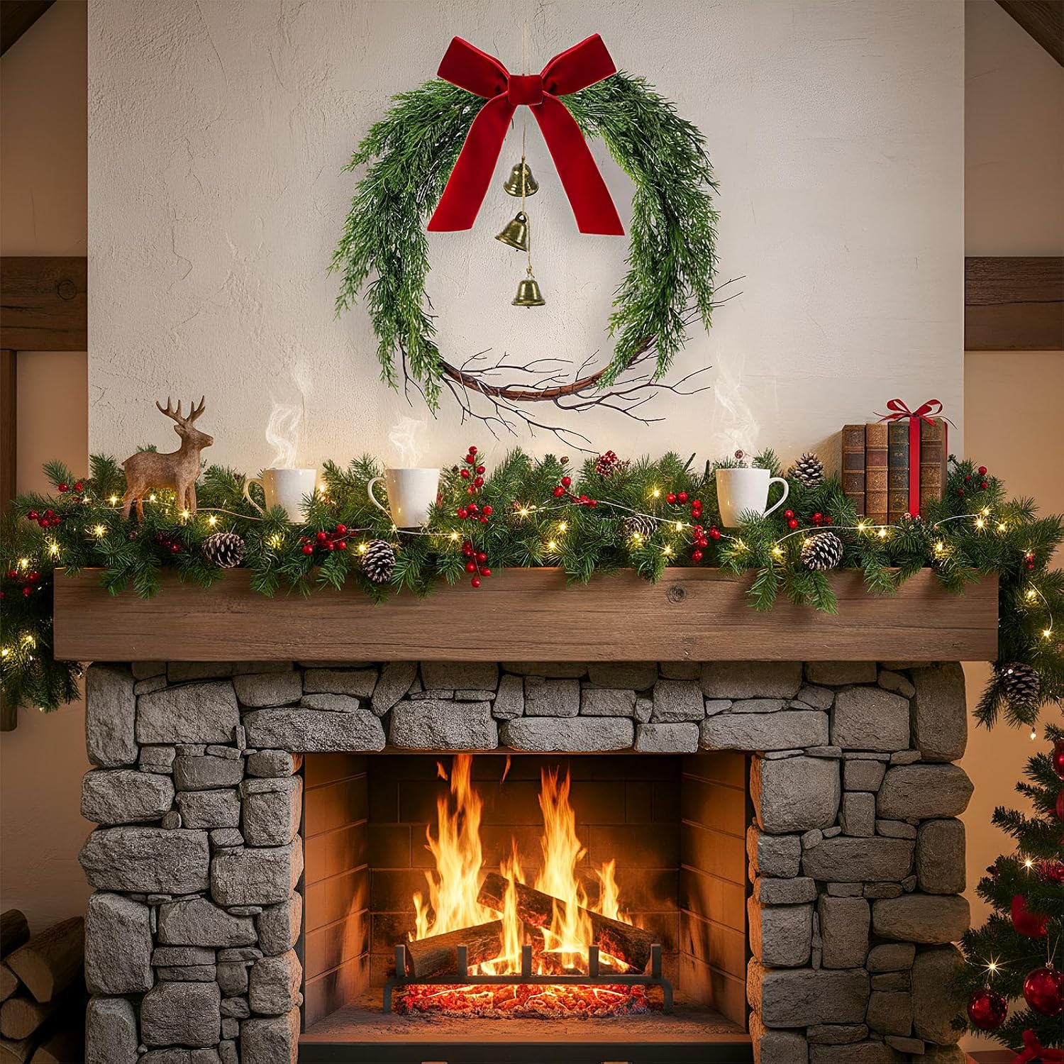 Suncalla 12 Inch Christmas Cypress Wreath with Red Velvet Ribbon Twig and Hanging Bells Christmas Wreath for Front Door Farmhouse Rustic Window Table Wall Mantel Holiday Xmas Decorations