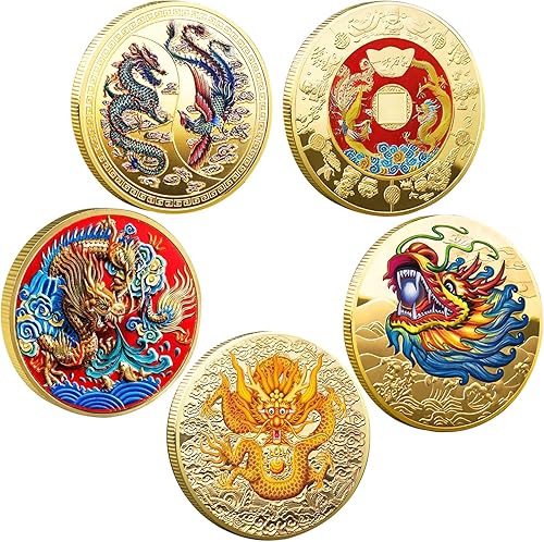 5 monedas chinas de la suerte de dragón chino y fénix, monedas del zodiaco chino, antiguas criaturas míticas chinas, dijes de la suerte, monedas de