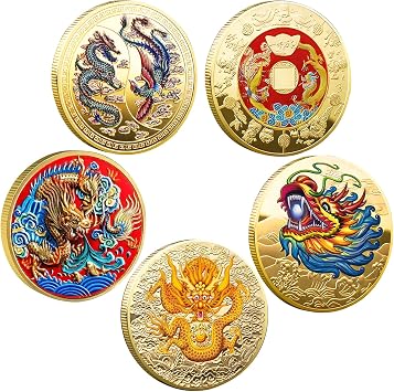 5 Pcs Chinese Lucky Coin Chinese Dragon Zodiac Coins Ancient Mythical Creatures Lucky Charms for Office Fortune Collection Gifts with Protective Case