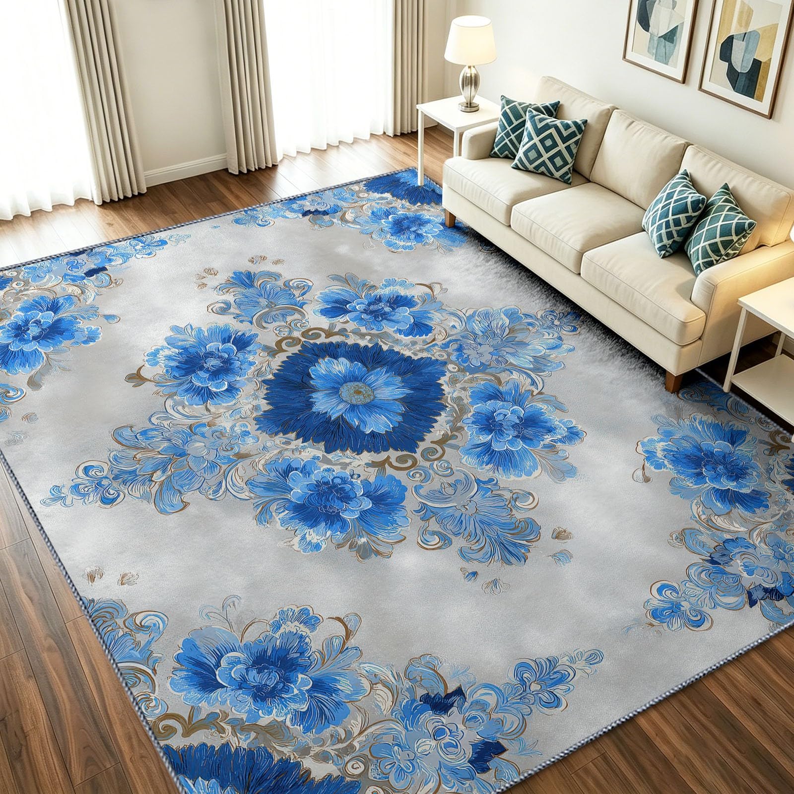 Alfombra azul flor blanca de 60x90 cm lavable a máquina
