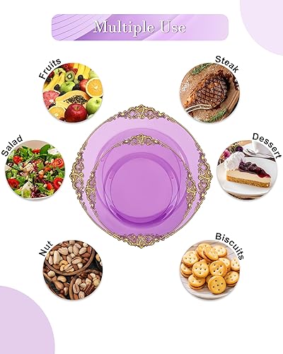 Miniatura 9 de Nervure 175 platos de plástico morado transparente, platos de plástico dorado para 25 invitados, incluyen 25 platos de cena, 25 platos de postre, 25