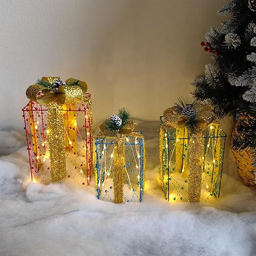 Miniatura 7 de 3 cajas de regalo iluminadas de Navidad, cajas de regalo de Navidad preiluminadas con cintas de cuentas rojas, verdes y azules, 60 luces LED blancas