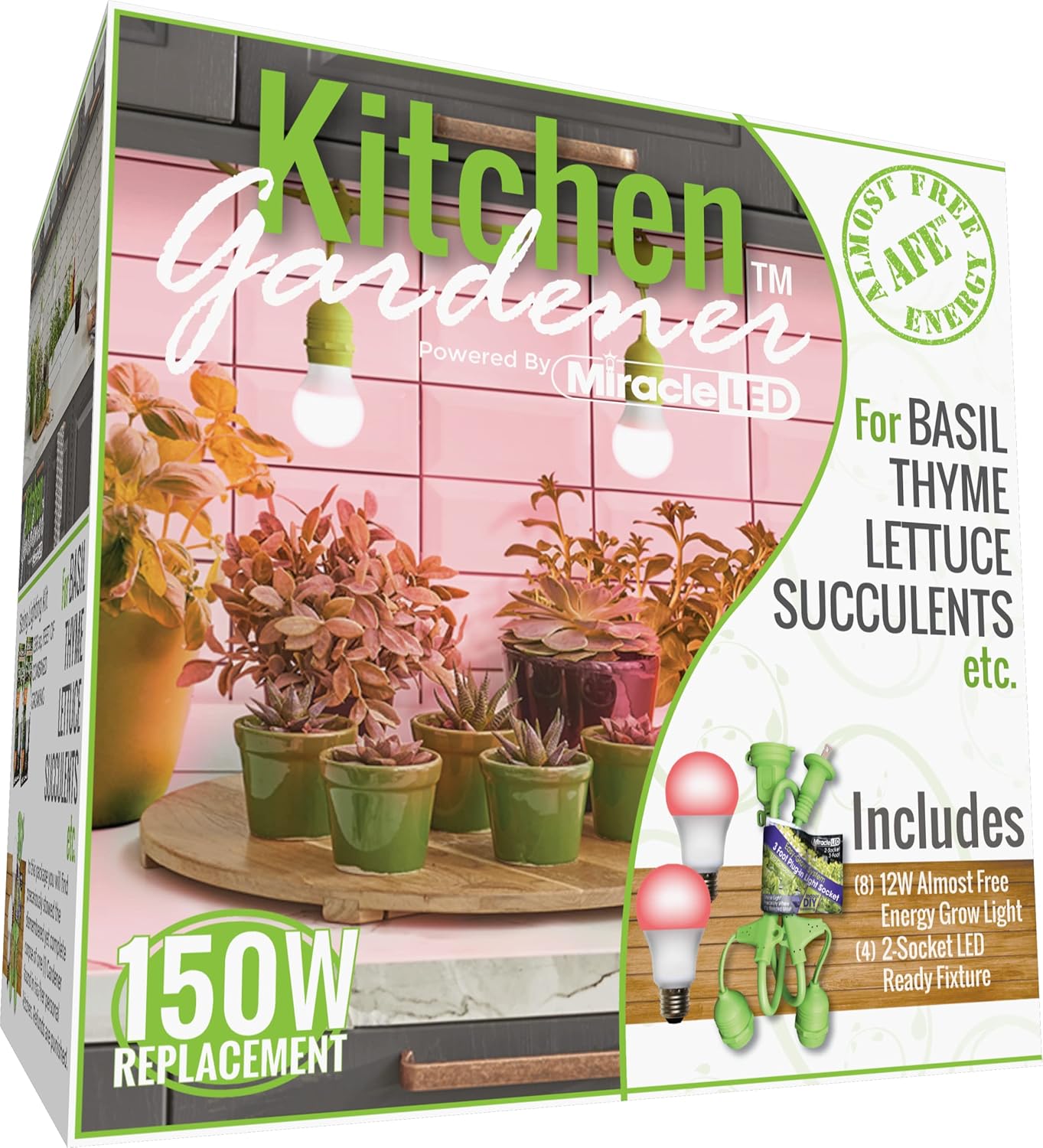 Miracle LED 609884 Kitchen Gardener 2-Socket LED Grow Light Bulb Kit with Red Spectrum Daylight AFE Bulbs and 3' Fixture (4-Pack), 4 Fixtures, 8 Bulbs