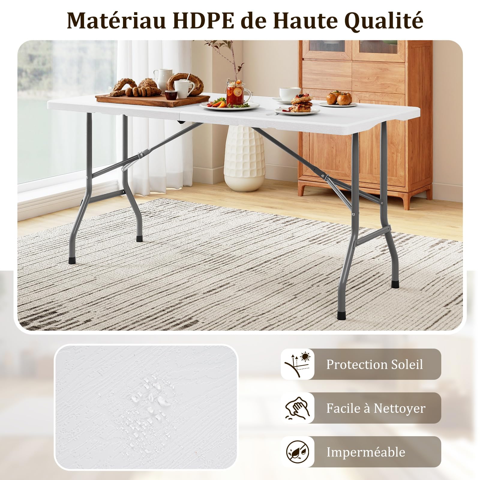 COSTWAY Table de Camping Pliante de 152 cm, Table de Pique-Nique pour 4 à 6 Personnes Plateau en PEHD Poignée de Transport, pour Camping Barbecue Fête (Blanc)