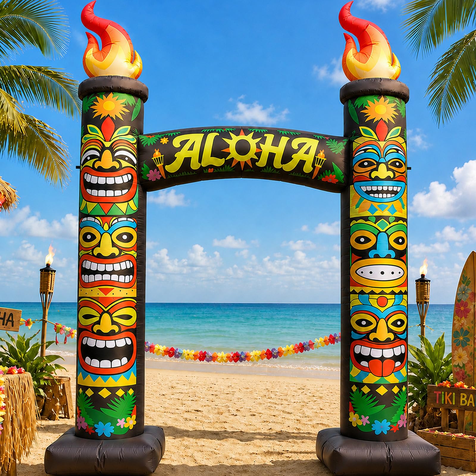 Arche gonflable d'été Tiki de 3 m, décoration d'extérieur géante Aloha Luau avec 6 lumières LED intégrées pour plage, bar, fête d'anniversaire, piscine, terrasse, événement