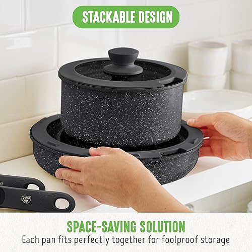 Miniatura 5 de GreenLife Juego de ollas y sartenes antiadherentes de 10 piezas, mango desmontable y juego de utensilios de cocina apilables, sartenes de cocina