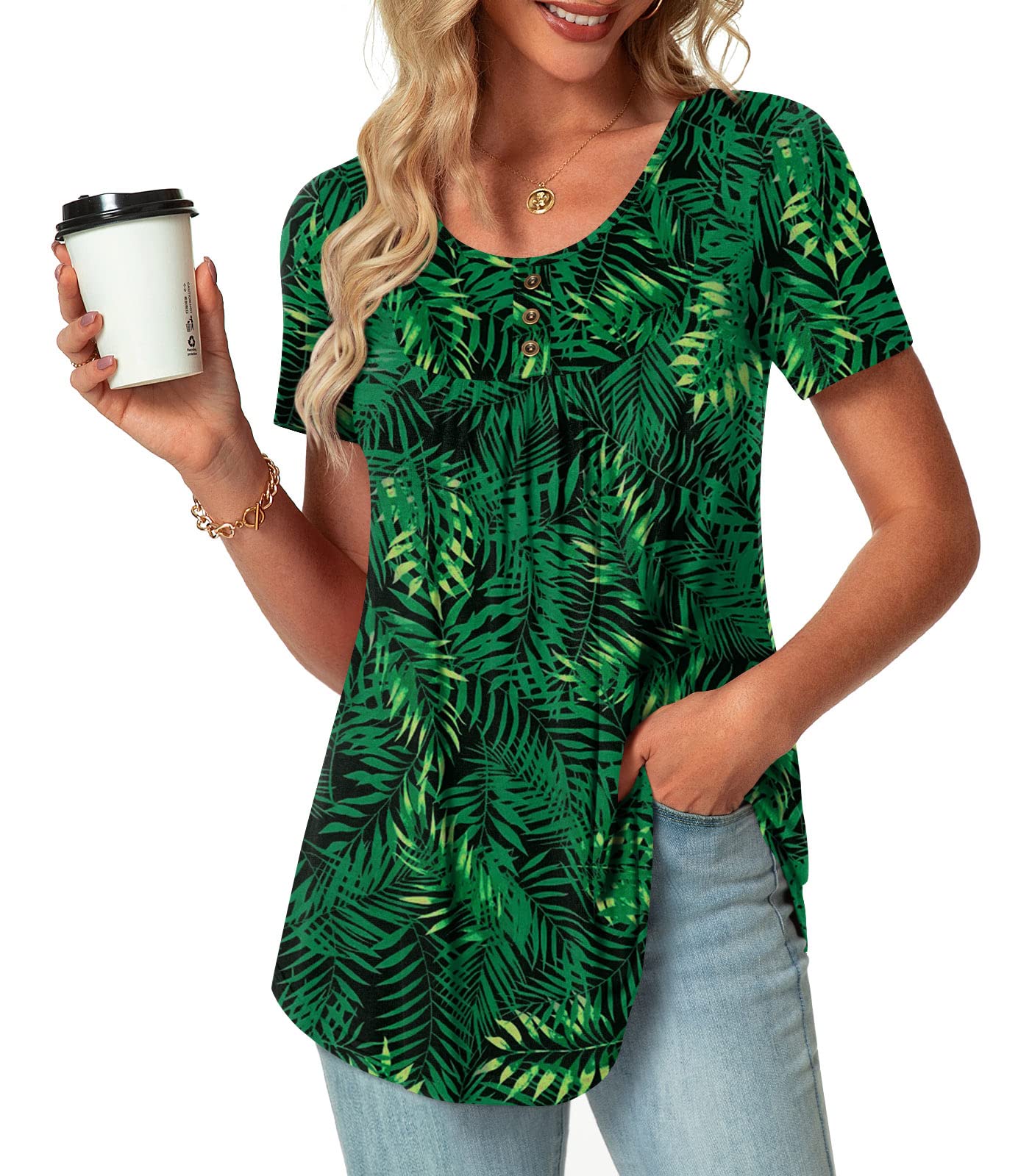 POPYOUNG Summer Womens Tunic Tops Loose Fit dressy Casual Short Sleeve Shirts to wear with Leggings