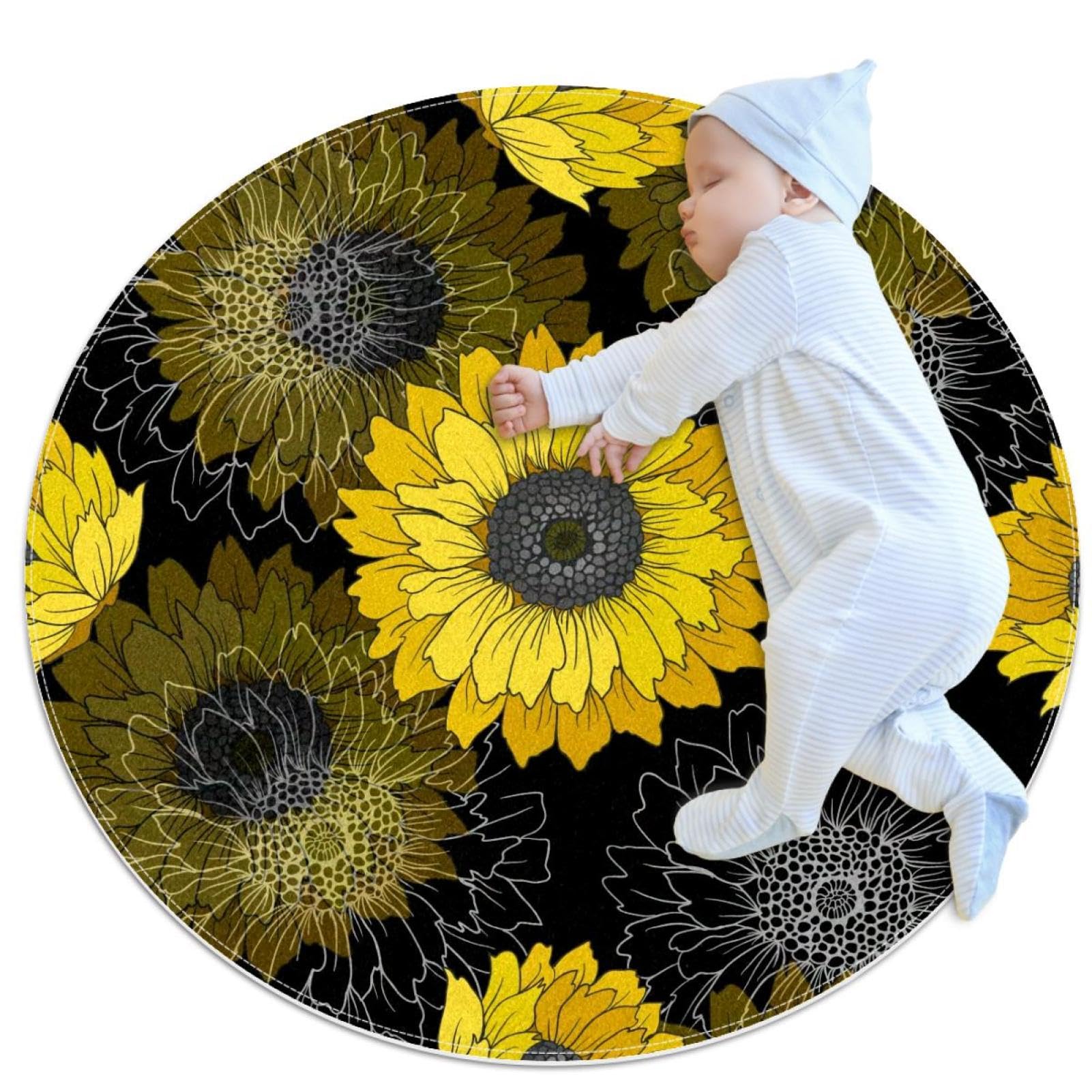 Tapis rond de 100 cm style tournesol noir antidérapant pour chambre et salon