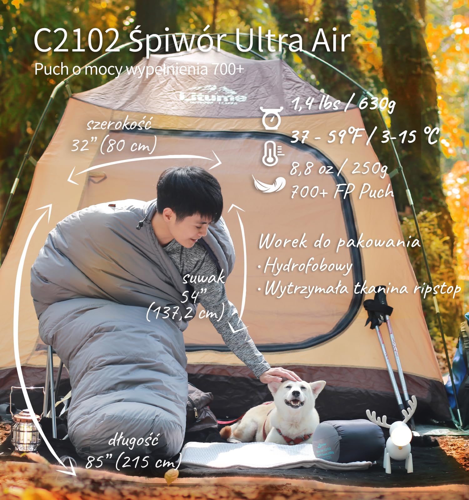 Litume Ultralekki śpiwór dla mumii letni 3 pory roku, 3°C - 15°C, 700+ FP, kompaktowy i przenośny na wędrówki, podróże, kemping, na zewnątrz, dla dorosłych, trwały (C2102)