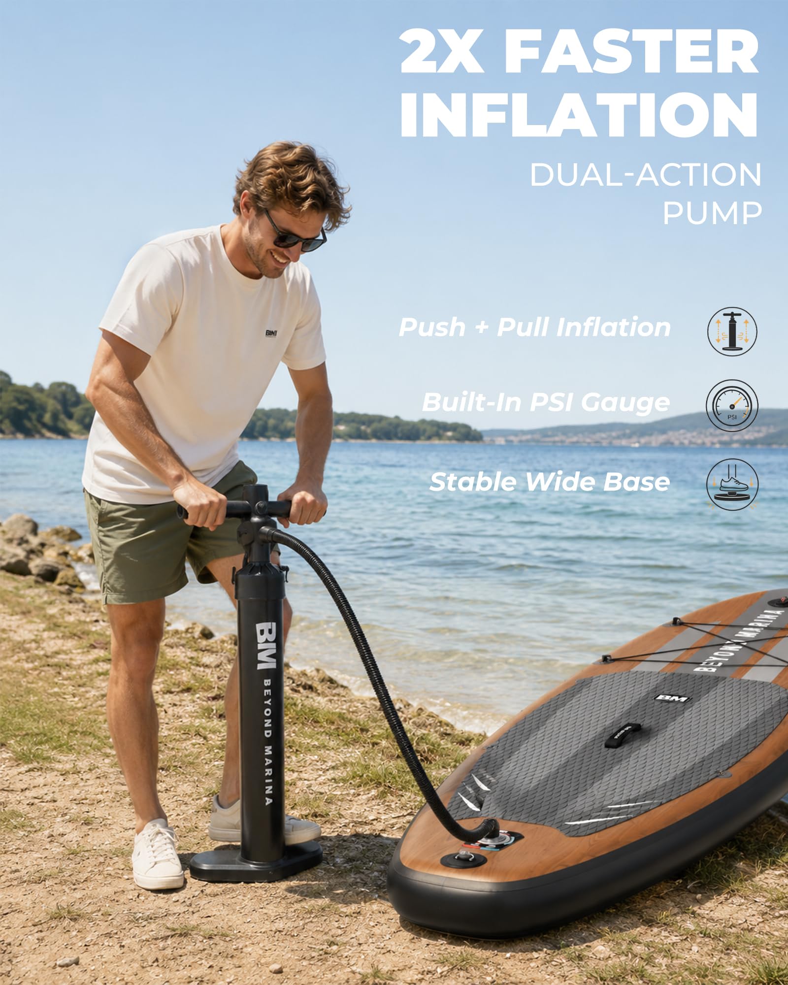 BEYOND MARINA Nadmuchiwana deska do wiosłowania, SUP 10'15.2 cm, akcesoria premium, antypoślizgowe uchwyty z pianki EVA 5 mm, uchwyt na aparat, podwójna pompka, plecak podróżny 85 l
