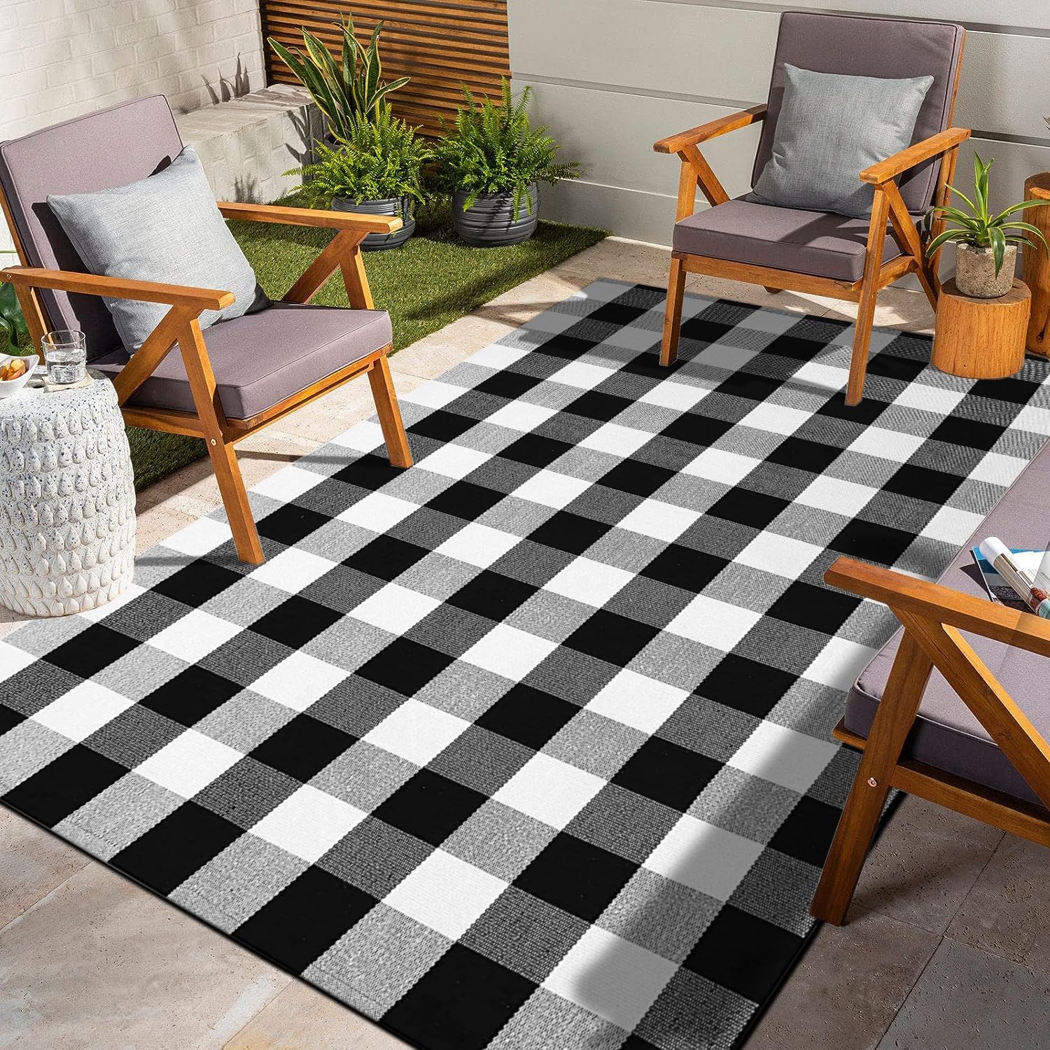 Buffalo Plaid Outdoor Rug 4'x6' Washable Black White Checkered Rug Indoor Outdoor Carpet Woven Cotton Door Mat for Front Porch, Kitchen, Bathroom, Entry Way, Living Room