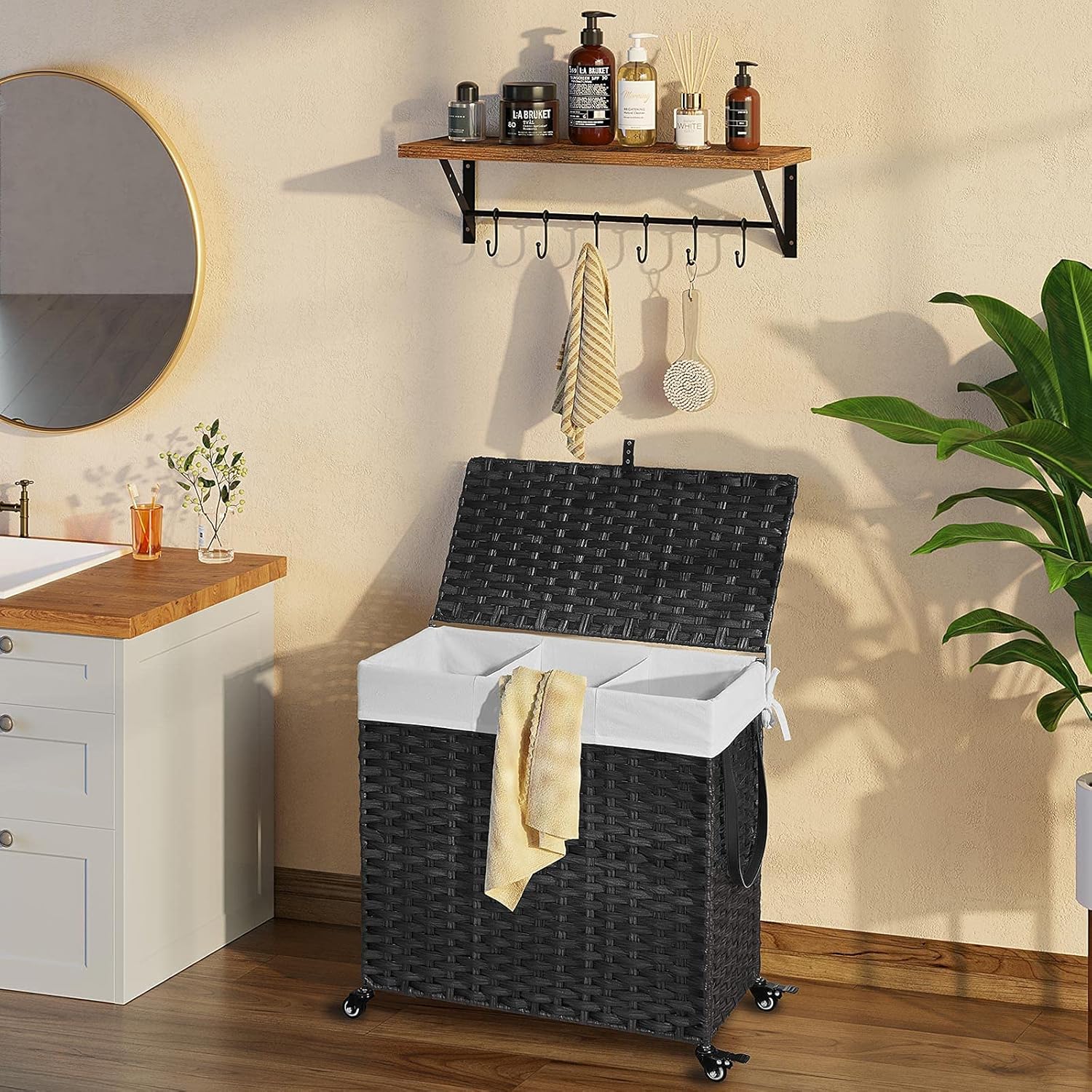 Black Woven Rectangular Kids Hamper with Wheels and Lid