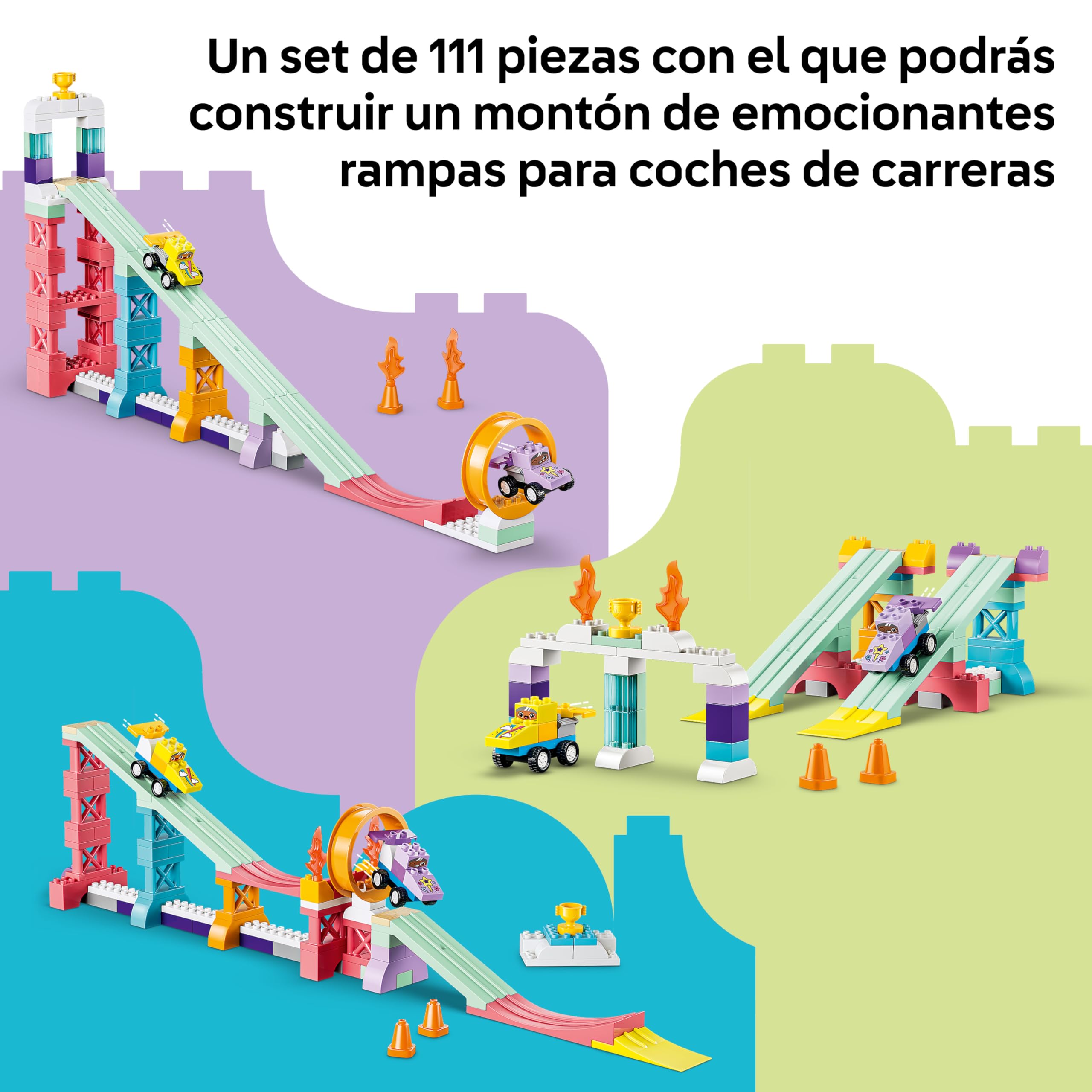LEGO Duplo Rampas Creativas “3 en 1” con Vehículos – Juego Educativo de Clasificar Colores - Juguete Montessori con 2 Coches de Carreras - Regalo para Niños y Niñas de 3+ Años - 10478