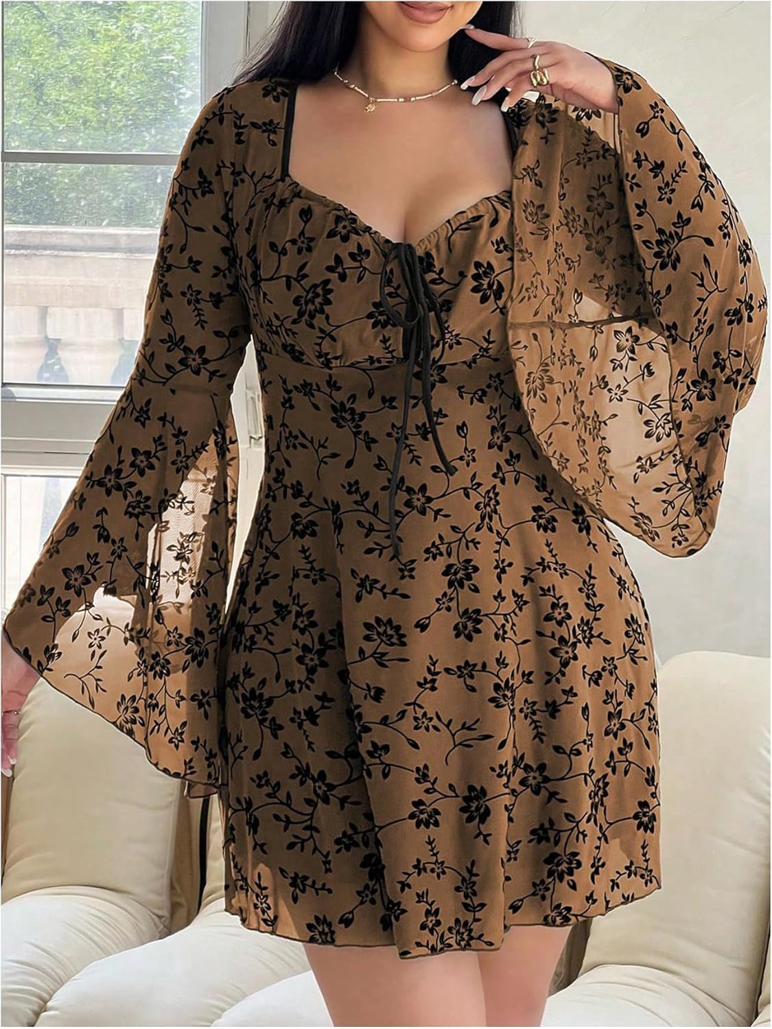 Floerns Women's Plus Size Floral Gothic Dress Flare Long Sleeve Mesh Grunge A Line Dress - Image 5