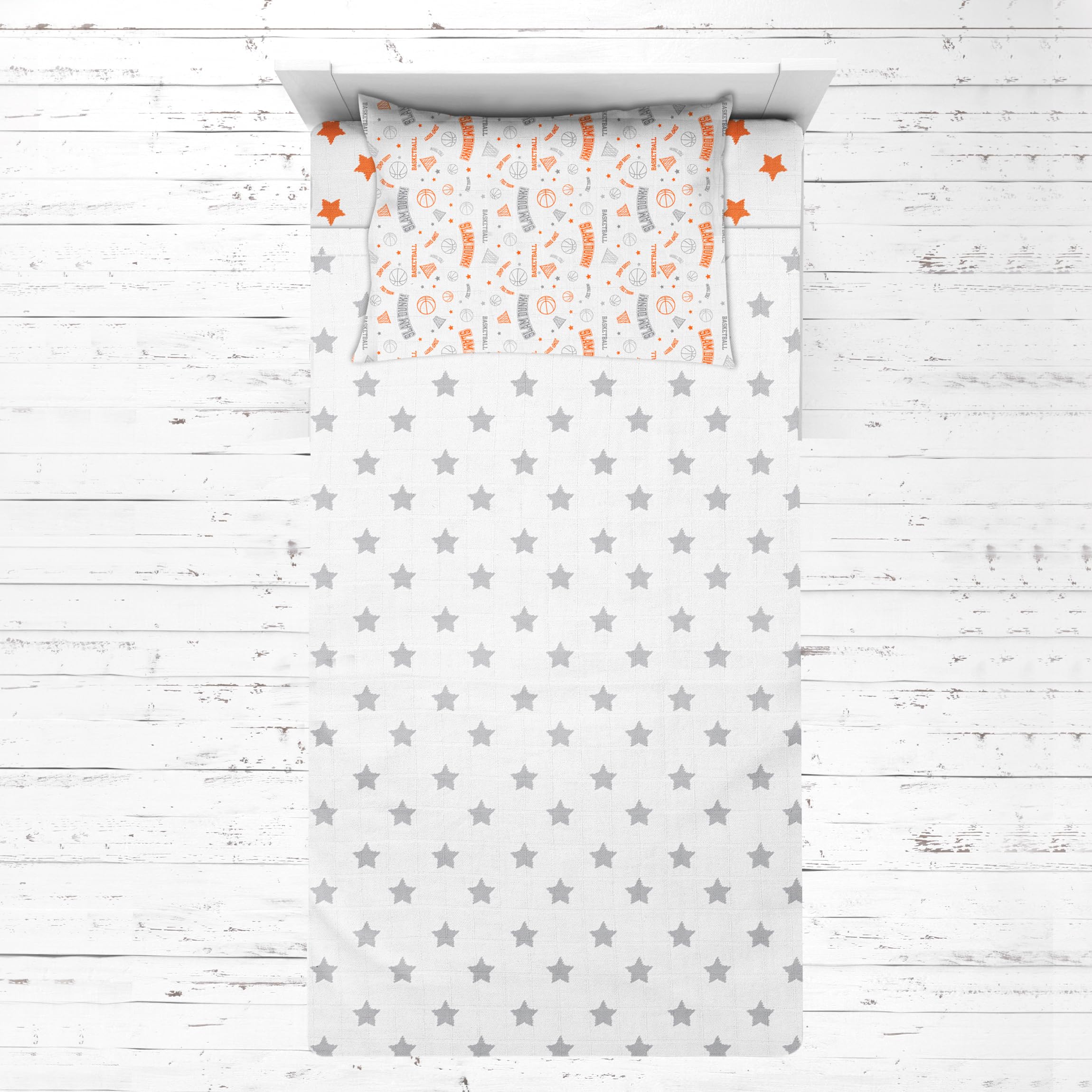 Bacati Muslin 3 Piece Toddler Bedding Sheet Set, Basketball/Orange/Grey-image-24