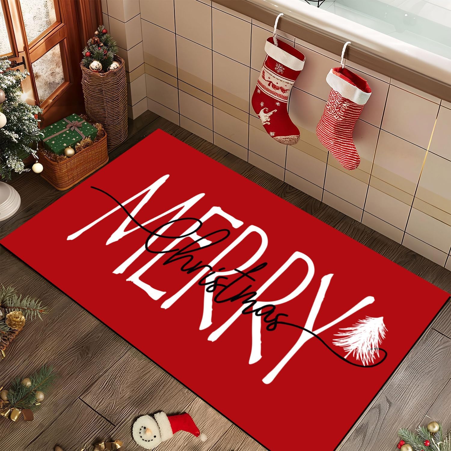Christmas Kitchen Rug Set of 2 Merry Christmas Red Winter Holiday Non-Slip Kitchen Mats Snowflake Winter Christmas Decor Doormat Runner Rug(Red, 19.7"x31.5"+19.7"x47.3")